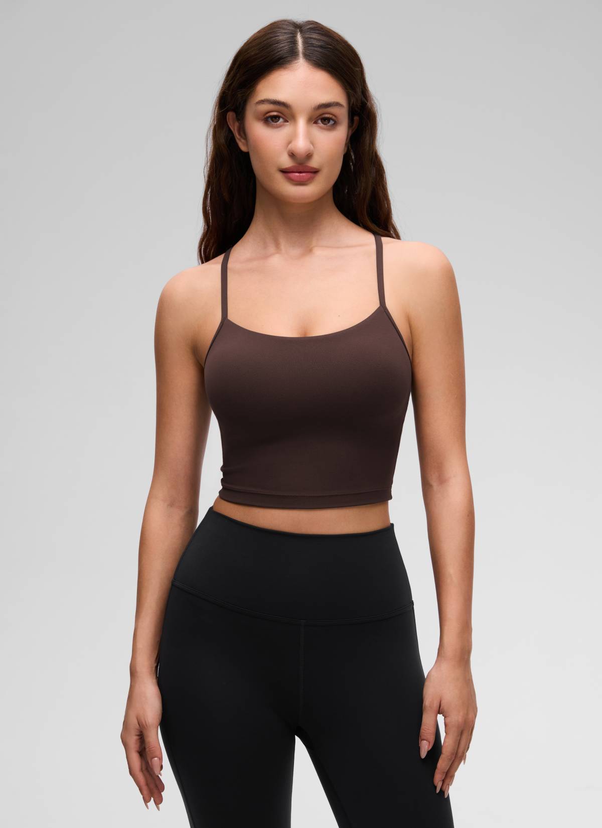 CRZ YOGA Bra Olahraga Wanita dengan Desain " Butterluxe " dan Punggung Berbentuk Y, Model Longline, Crop Tank Top, Warna Hot Fudge Brown