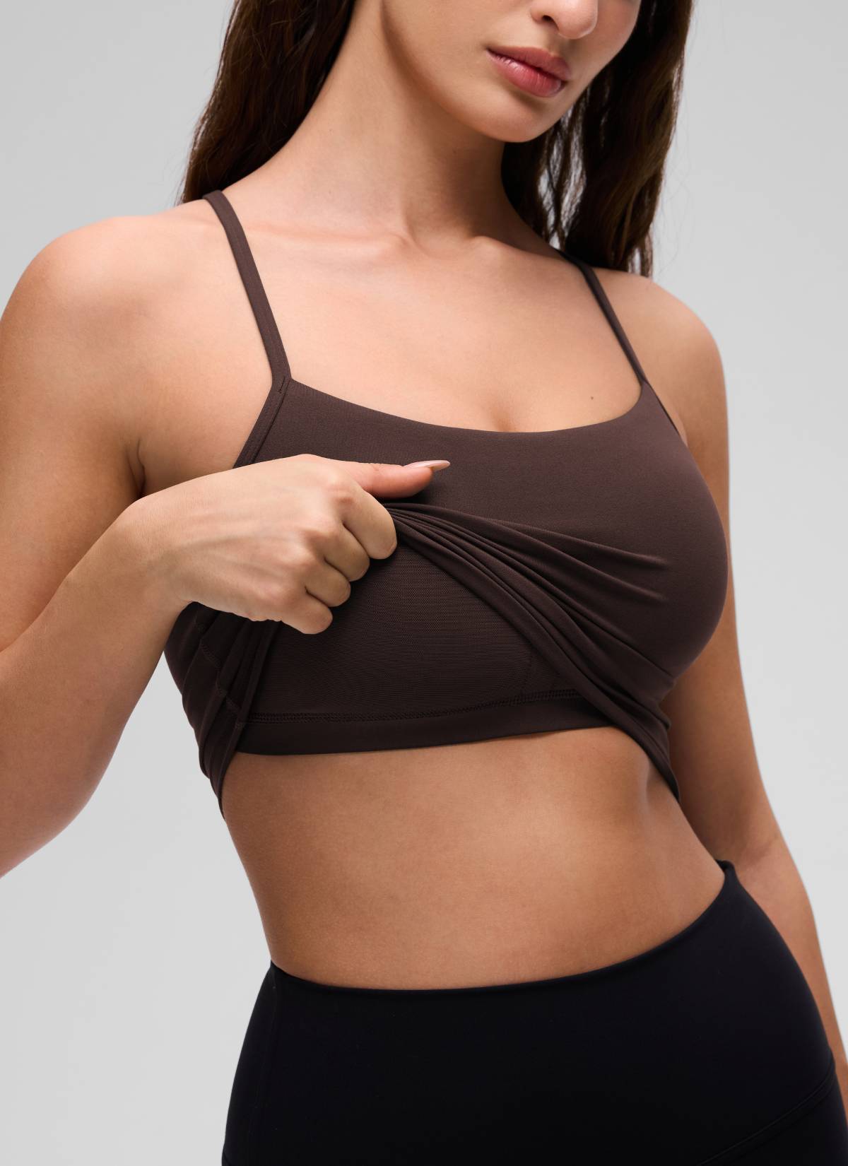CRZ YOGA Bra Olahraga Wanita dengan Desain " Butterluxe " dan Punggung Berbentuk Y, Model Longline, Crop Tank Top, Warna Hot Fudge Brown