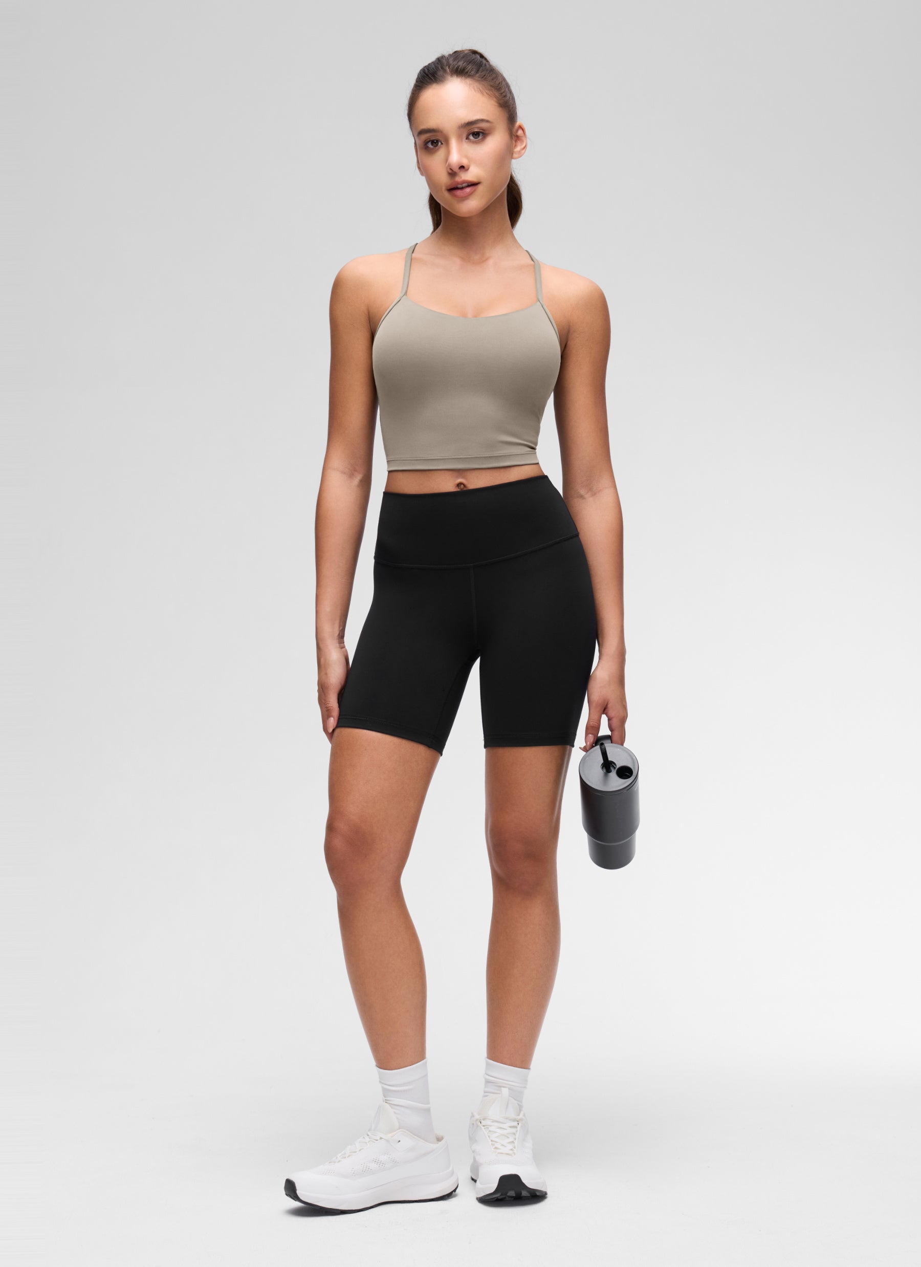 CRZ YOGA Bra Olahraga Wanita dengan Desain " Butterluxe " dan Punggung Berbentuk Y, Model Longline, Atasan Crop Tank, Warna Abu-abu Hangat