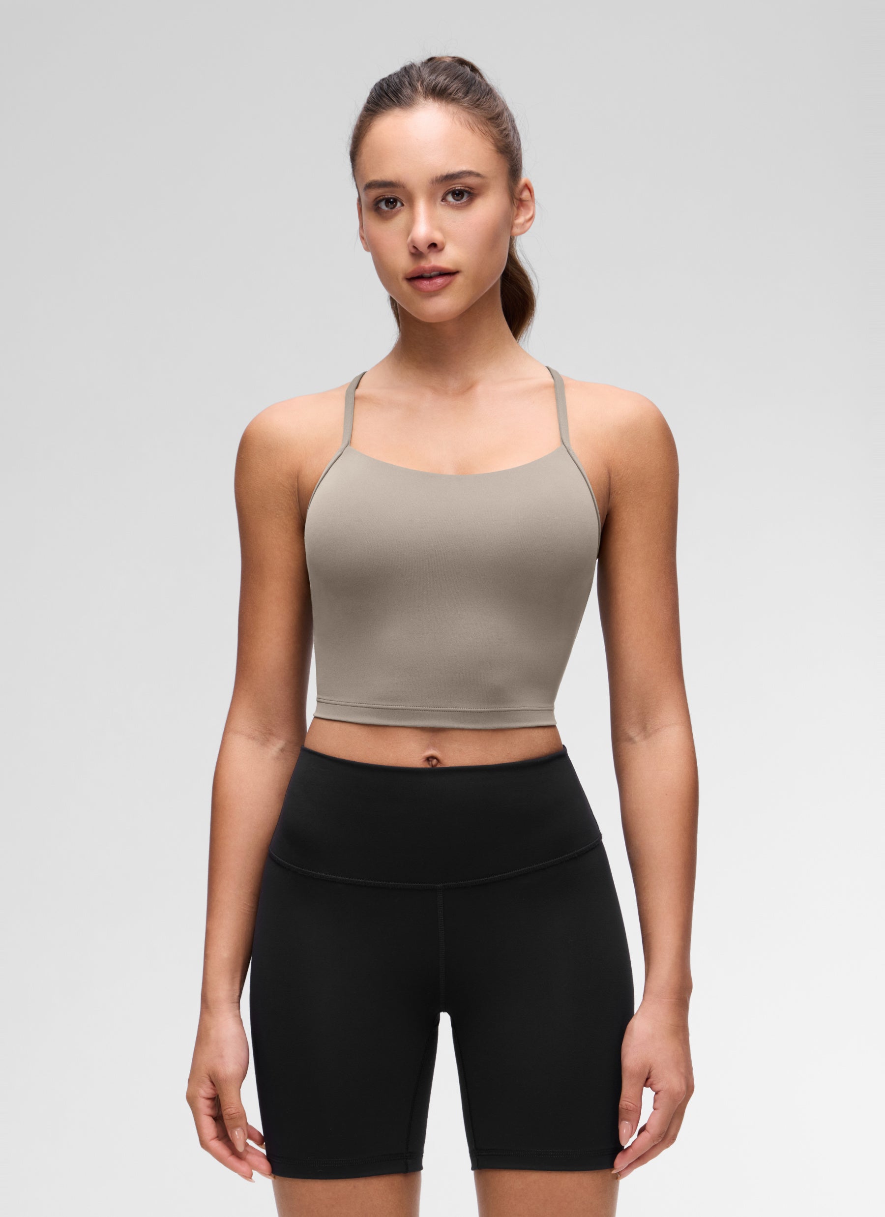 CRZ YOGA Bra Olahraga Wanita dengan Desain " Butterluxe " dan Punggung Berbentuk Y, Model Longline, Atasan Crop Tank, Warna Abu-abu Hangat