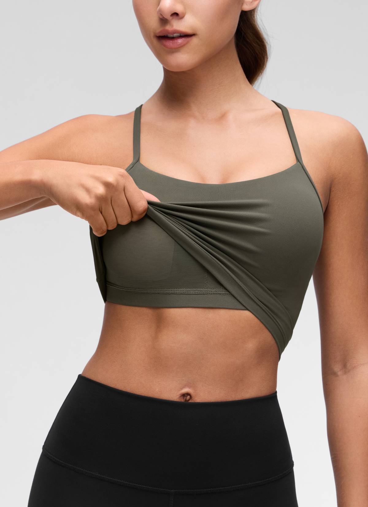 CRZ YOGA Bra Olahraga Wanita dengan Desain " Butterluxe " dan Punggung Berbentuk Y, Model Longline, Tank Top Pendek, Warna Hijau Tentara Muda