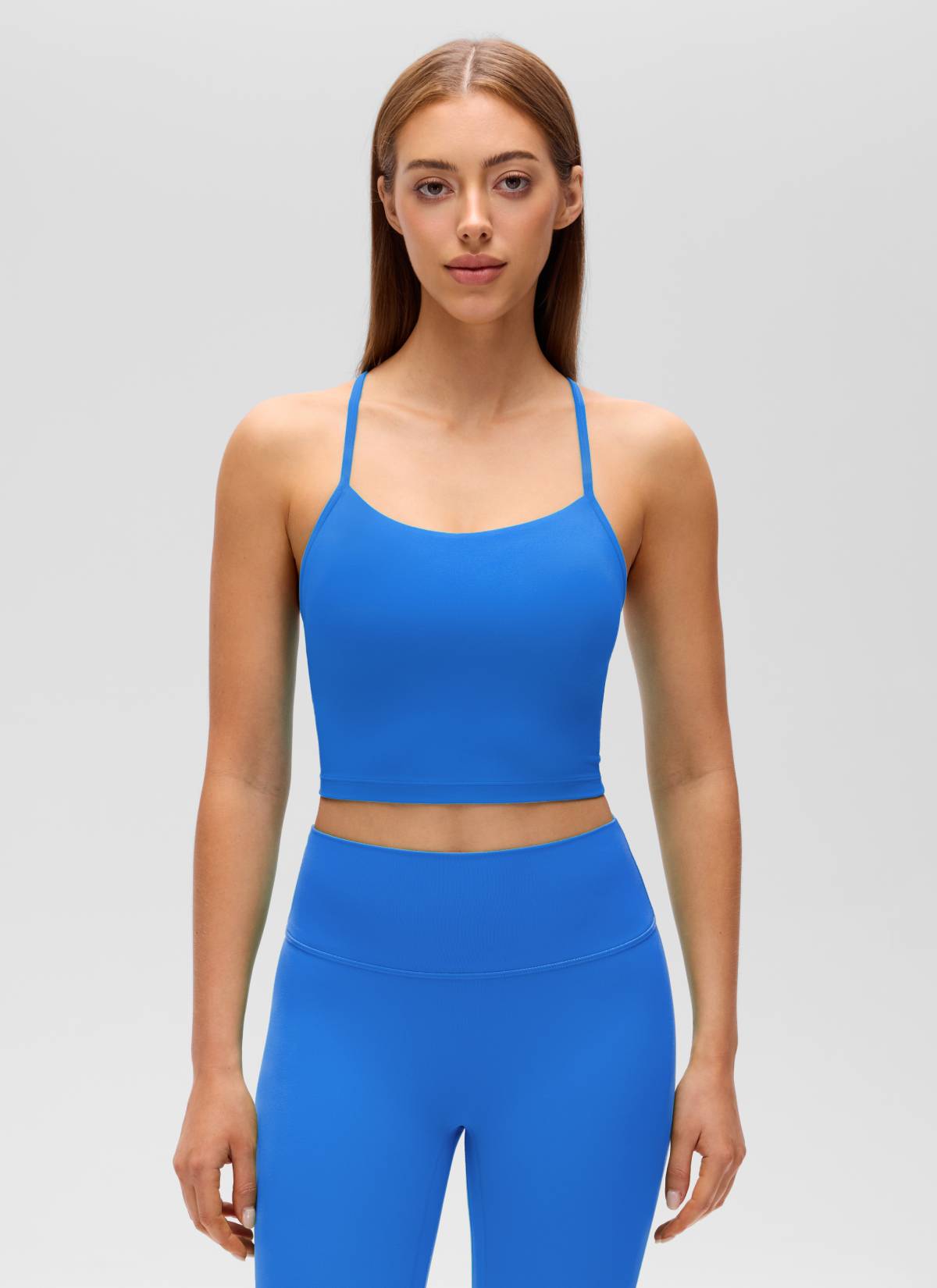 CRZ YOGA Bra Olahraga Wanita dengan Desain " Butterluxe " dan Punggung Berbentuk Y, Model Longline, Tank Top Pendek, Warna Biru Berkilau