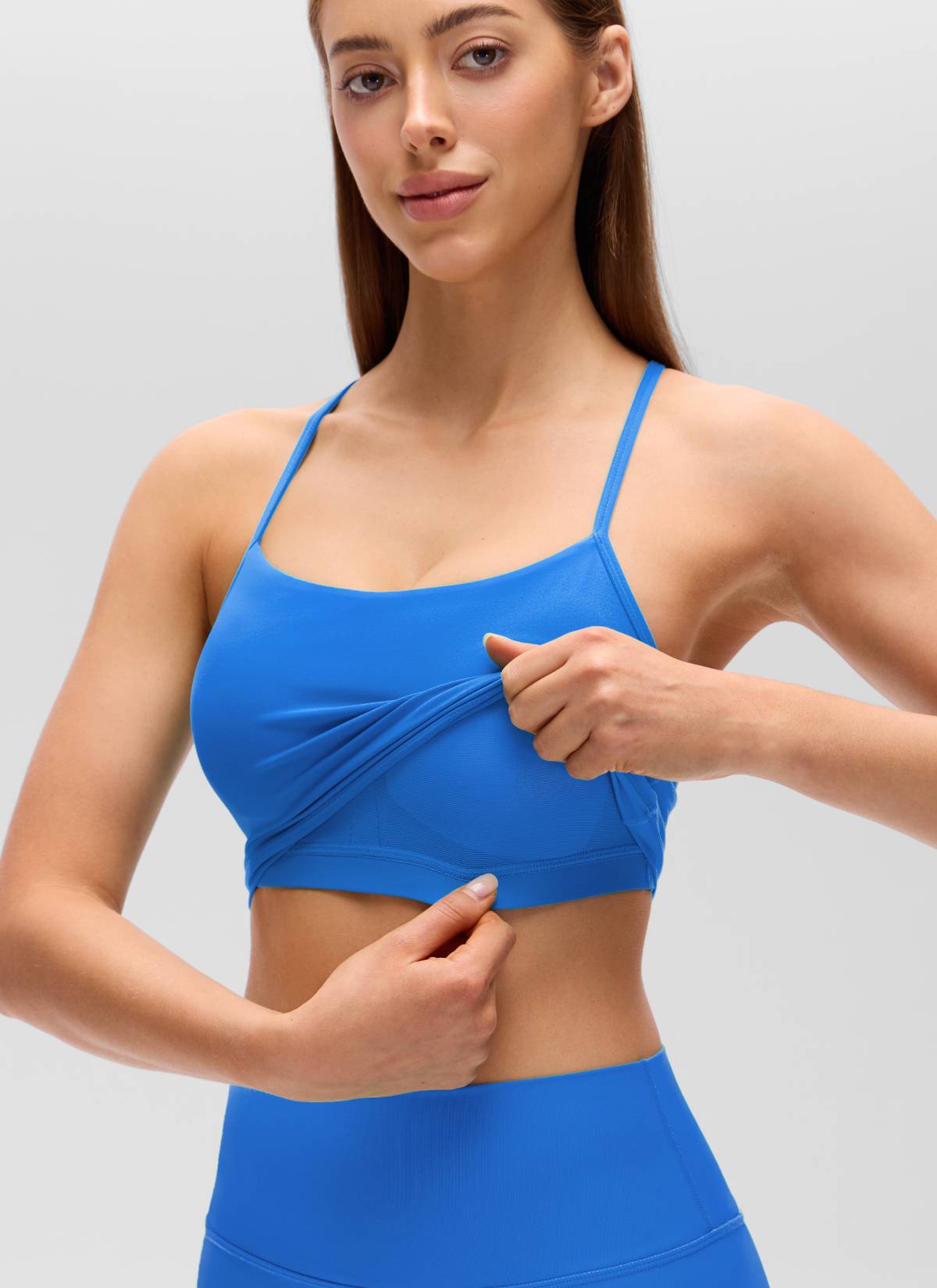 CRZ YOGA Bra Olahraga Wanita dengan Desain " Butterluxe " dan Punggung Berbentuk Y, Model Longline, Tank Top Pendek, Warna Biru Berkilau