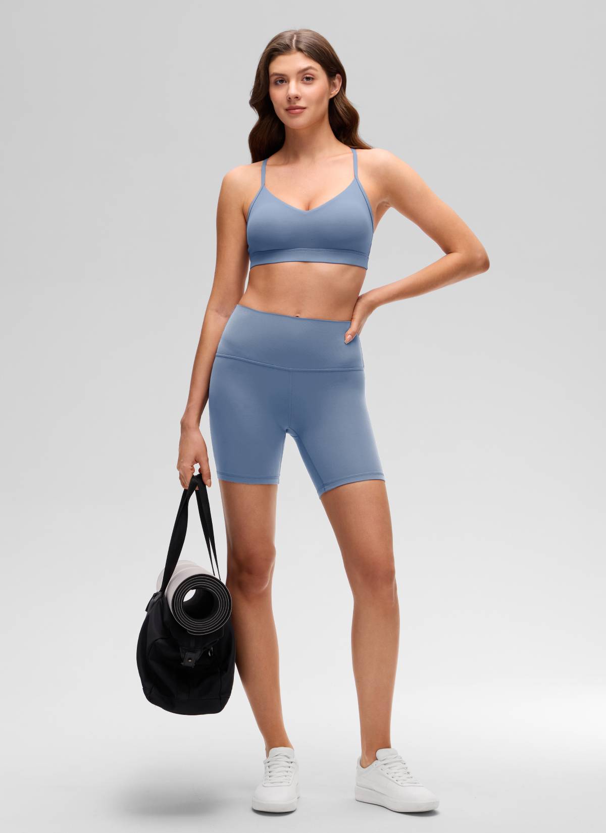 CRZ YOGA Butterluxe Bra Olahraga Yoga Berbusa untuk Wanita dengan Leher V dan Model Camisole, Denim Cuci