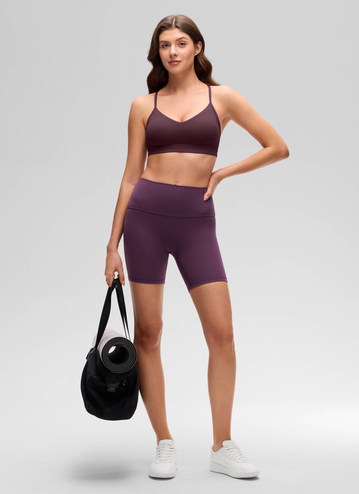 CRZ YOGA Butterluxe Bra Olahraga Yoga Berbusa dengan Leher V untuk Wanita, Warna Ripe Plum