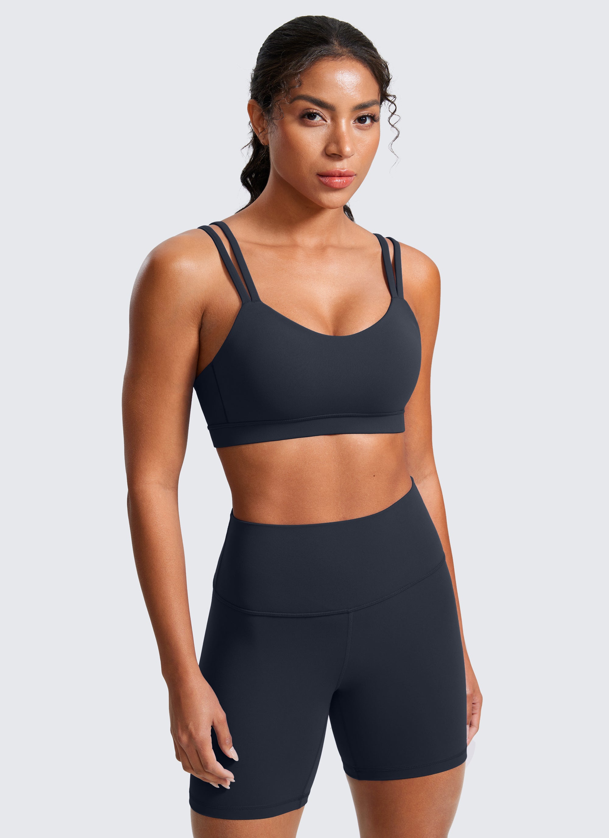 CRZ YOGA Bra Yoga Wanita dengan Cup Berbentuk Butterluxe , Tali-tali, Leher V, Warna True Navy