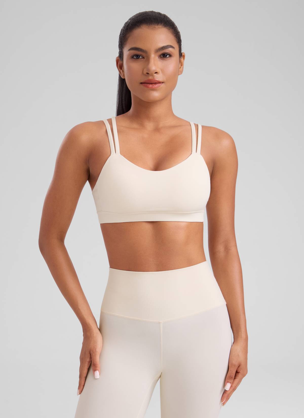 CRZ YOGA Bra Yoga Wanita dengan Cup Berbentuk Khusus, Model " Butterluxe ", Tali-tali, Leher V, Warna Putih dan Aprikot