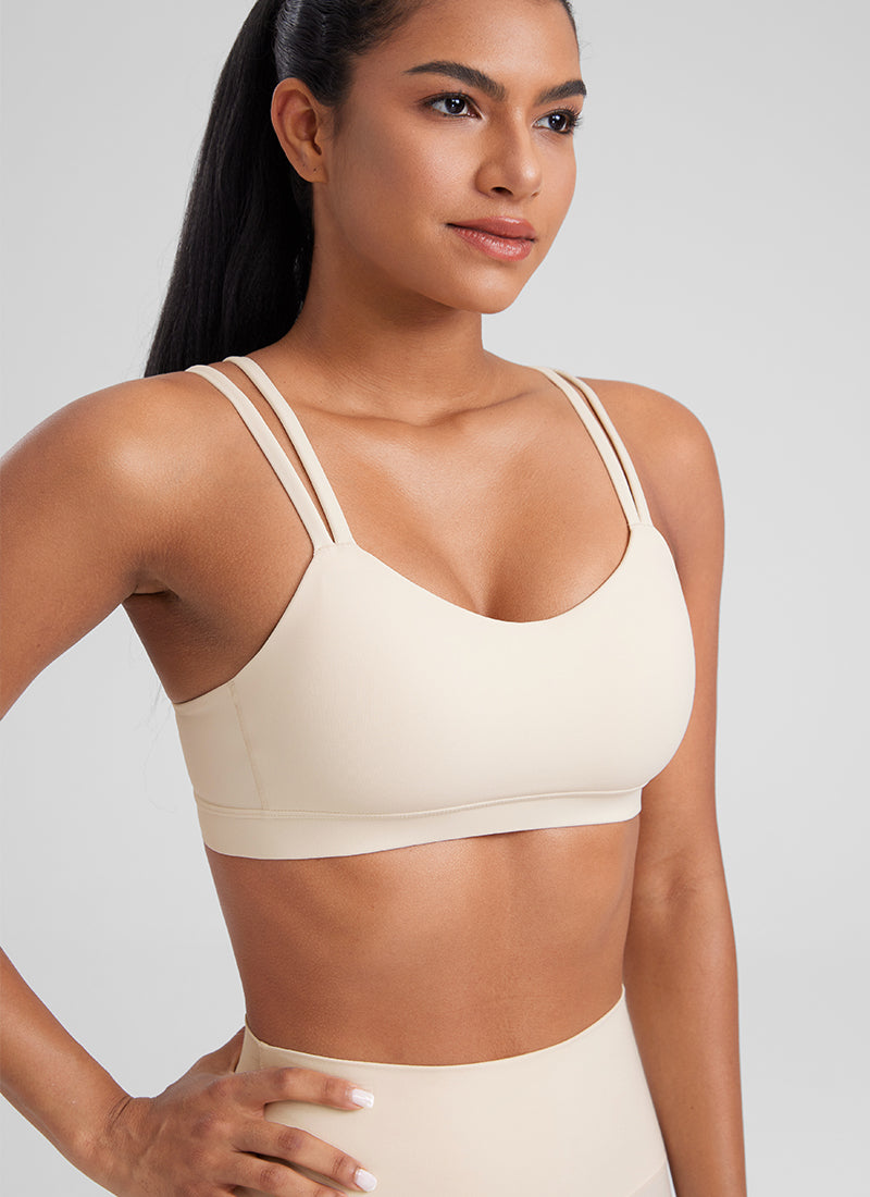 CRZ YOGA Bra Yoga Wanita dengan Cup Berbentuk Khusus, Model " Butterluxe ", Tali-tali, Leher V, Warna Putih dan Aprikot