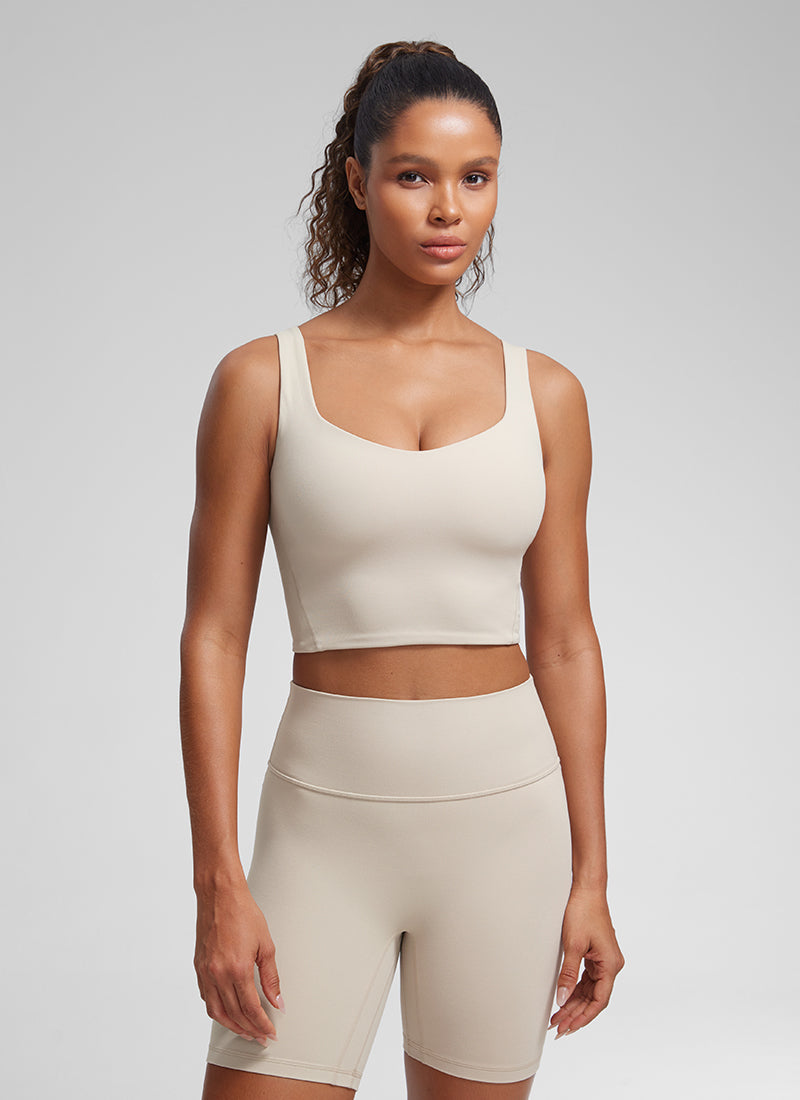 CRZ YOGA Bra Yoga Wanita dengan Cup Berbentuk Khusus, Model " Butterluxe " Longline, Leher V, Warna Mojave Tan