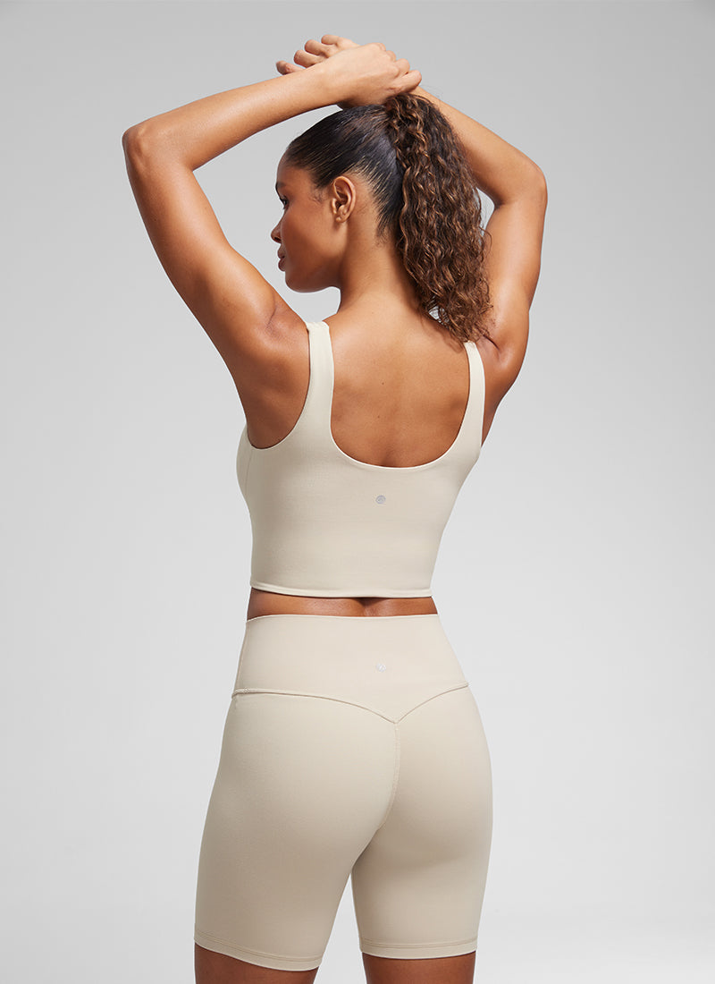 CRZ YOGA Bra Yoga Wanita dengan Cup Berbentuk Khusus, Model " Butterluxe " Longline, Leher V, Warna Mojave Tan