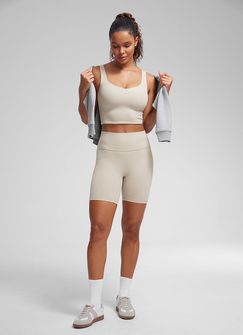 CRZ YOGA Bra Yoga Wanita dengan Cup Berbentuk Khusus, Model " Butterluxe " Longline, Leher V, Warna Mojave Tan