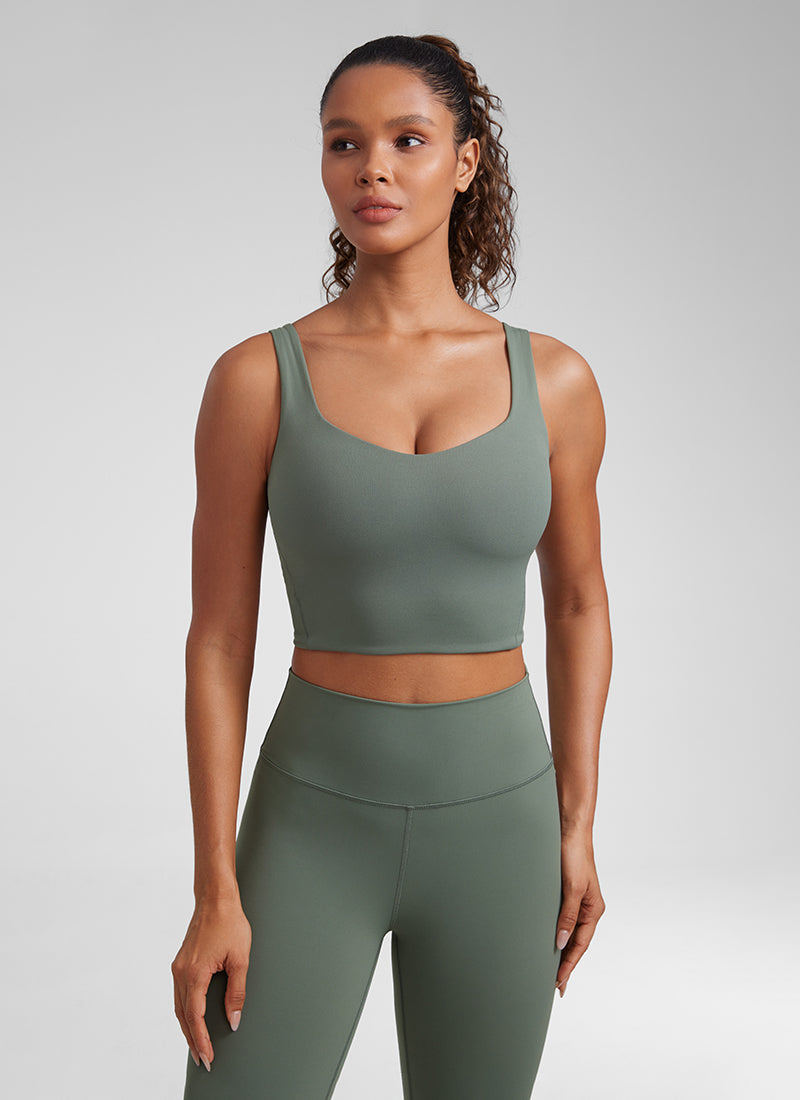 CRZ YOGA Bra Longline Wanita dengan Cup Berbentuk Khusus untuk Yoga, Model " Butterluxe ", Leher V, Warna Abu-abu Sage