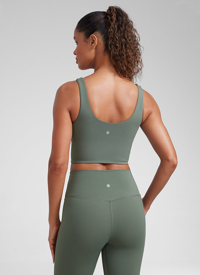CRZ YOGA Bra Longline Wanita dengan Cup Berbentuk Khusus untuk Yoga, Model " Butterluxe ", Leher V, Warna Abu-abu Sage