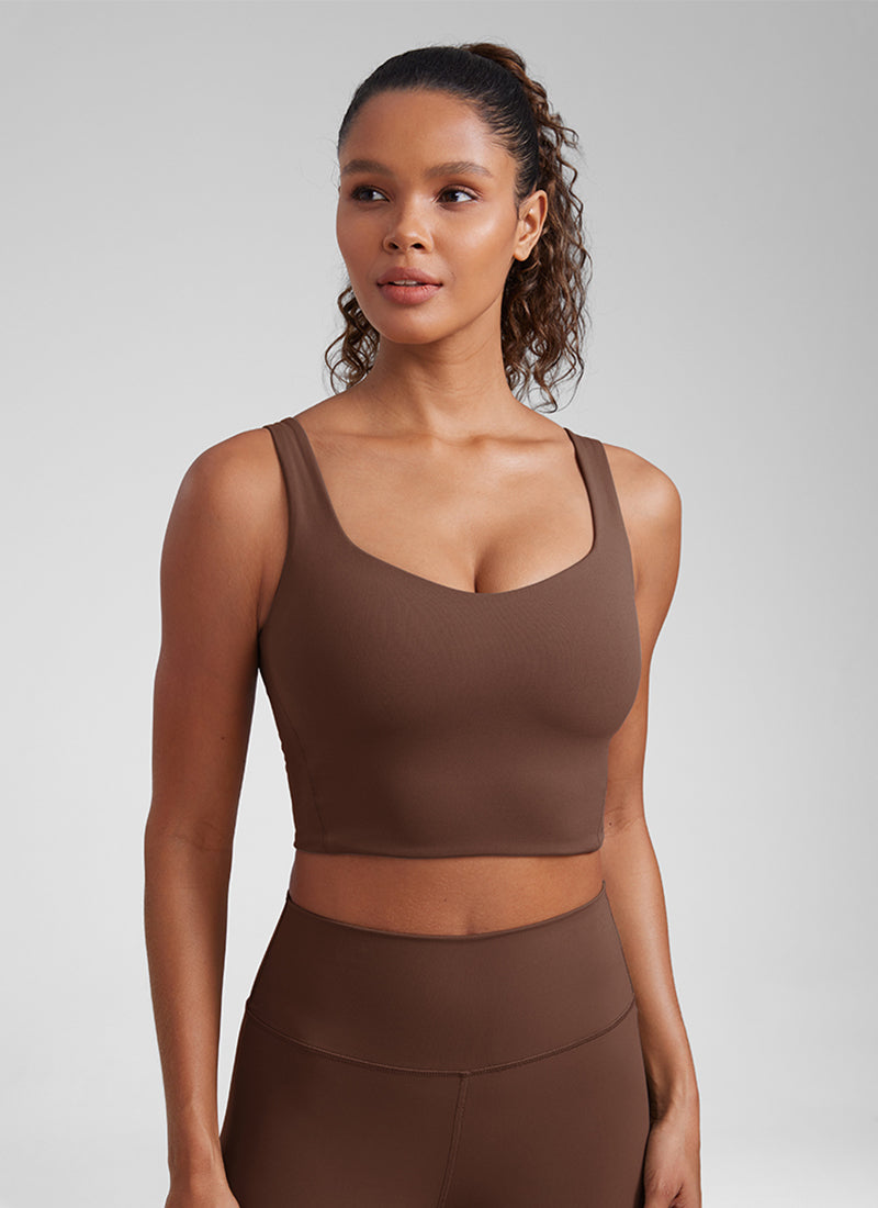 CRZ YOGA Bra Longline dengan Cup Berbentuk Khusus untuk Yoga Wanita, Model " Butterluxe ", Leher V, Warna Cokelat Kopi