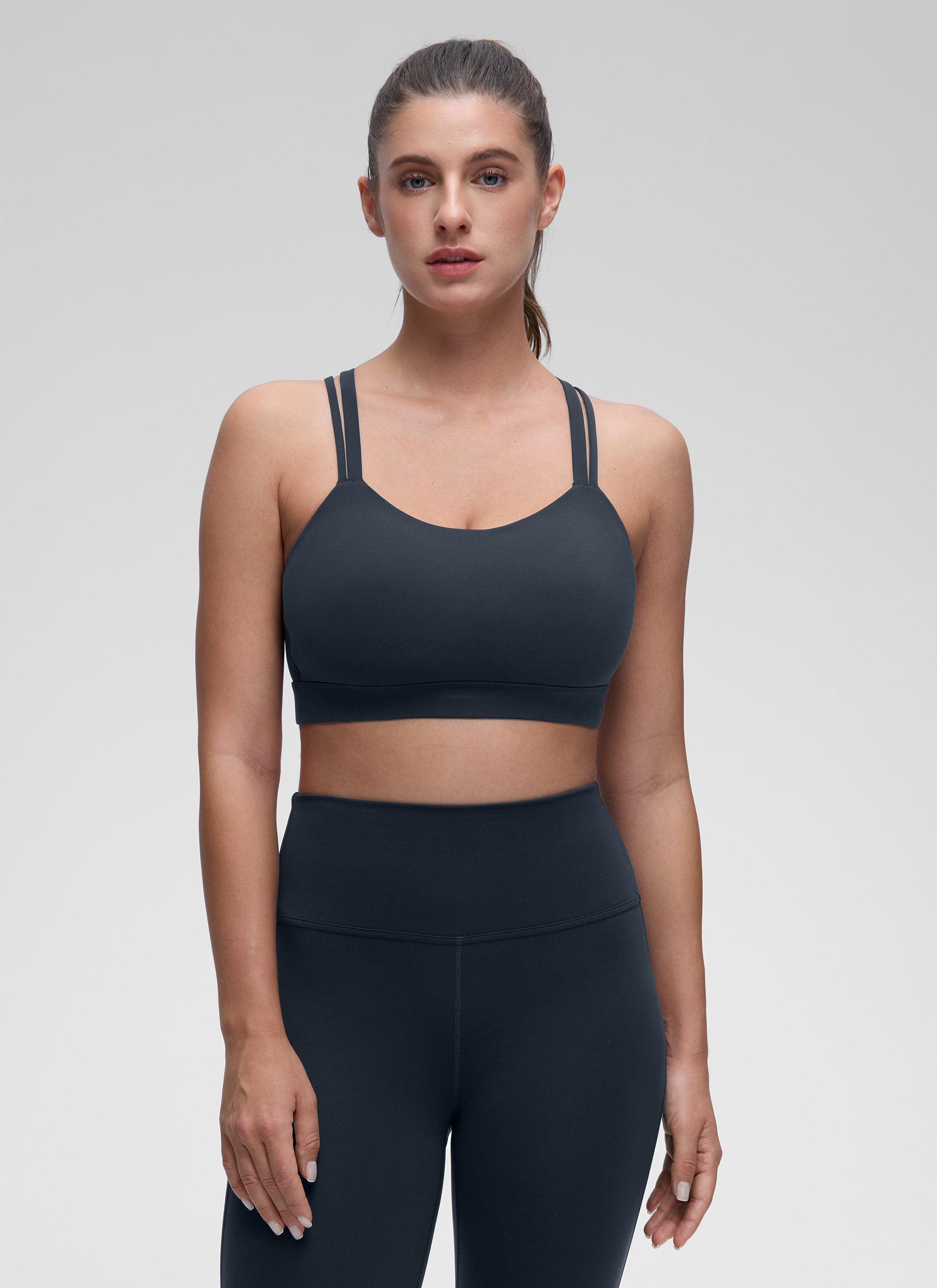 CRZ YOGA Bra Olahraga Wanita dengan Dukungan Ringan, Tali Ganda, dan Desain Berbentuk, Warna True Navy