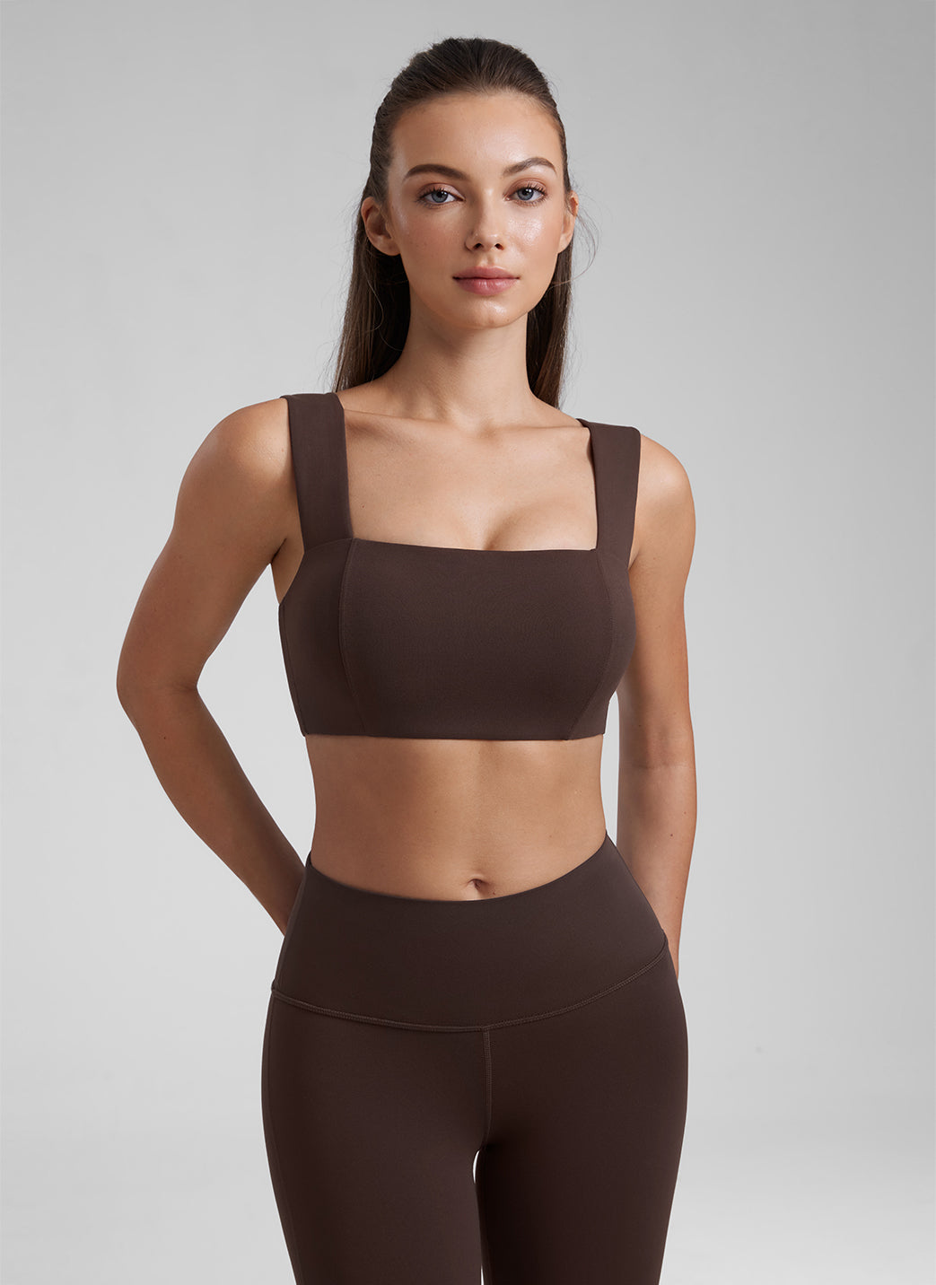 CRZ YOGA Sports Bra Tali Lebar Punggung Terbuka Square Neck Butterluxe Wanita Hot Fudge Brown