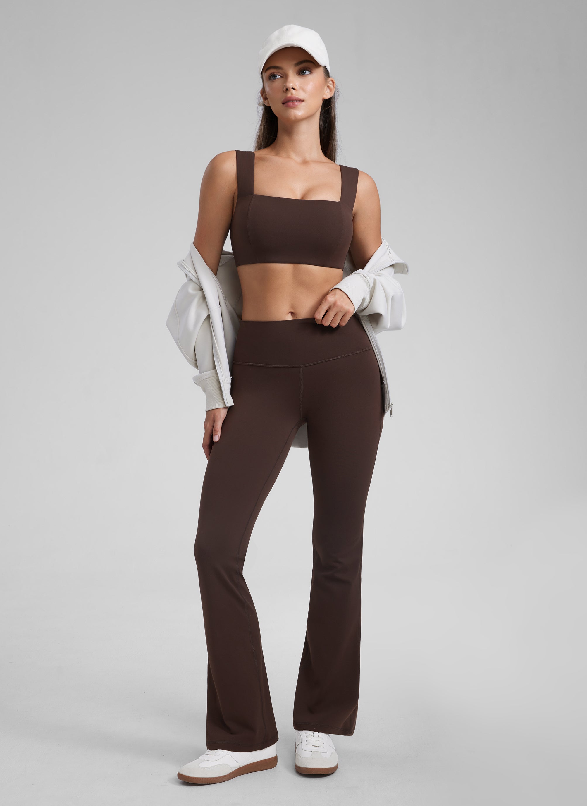CRZ YOGA Sports Bra Tali Lebar Punggung Terbuka Square Neck Butterluxe Wanita Hot Fudge Brown
