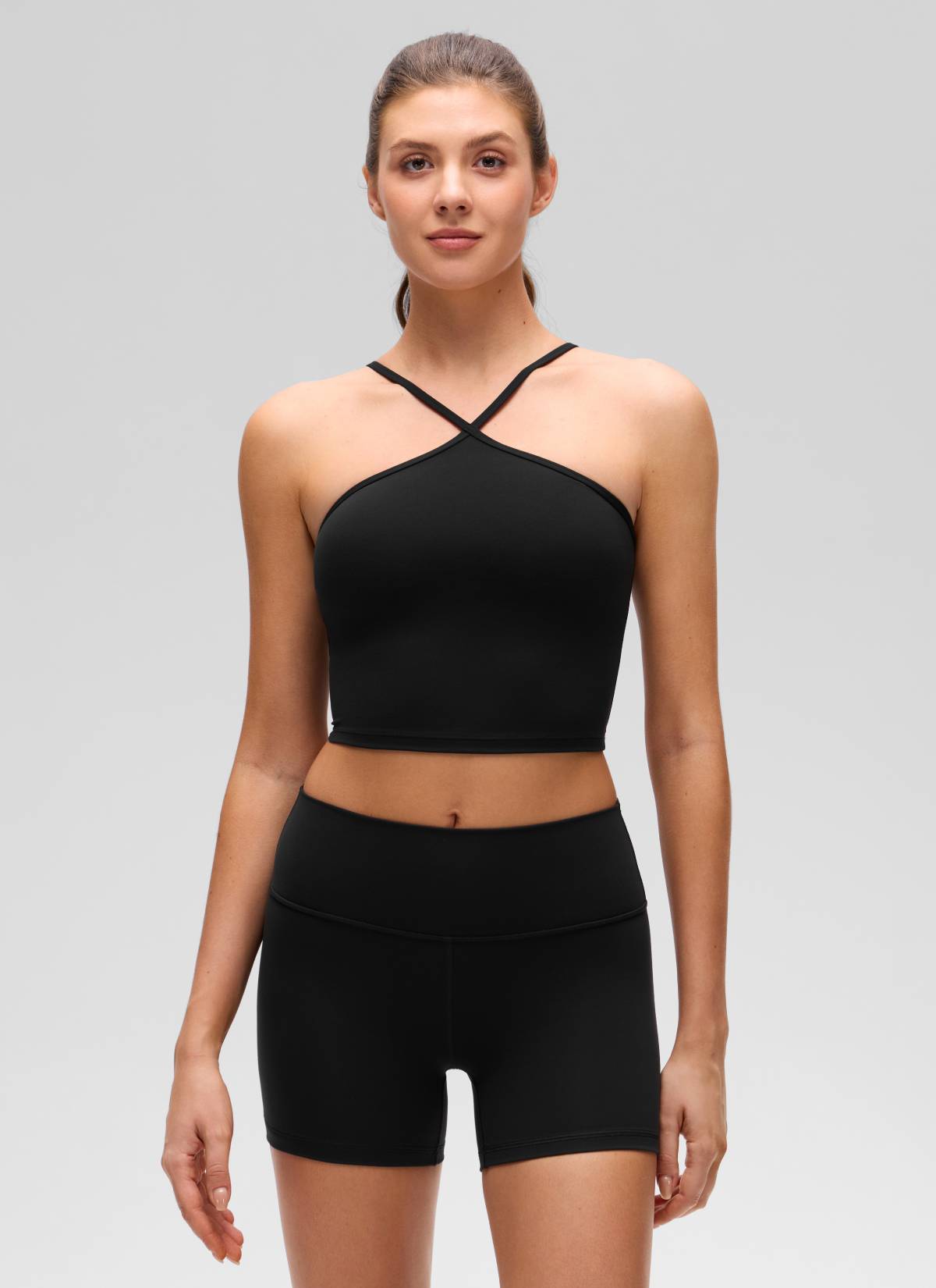 CRZ YOGA Kaos Tank Top Wanita dengan Model Halter, Potongan Pendek, dan Bra Terintegrasi, Motif " Butterluxe ", Warna Hitam