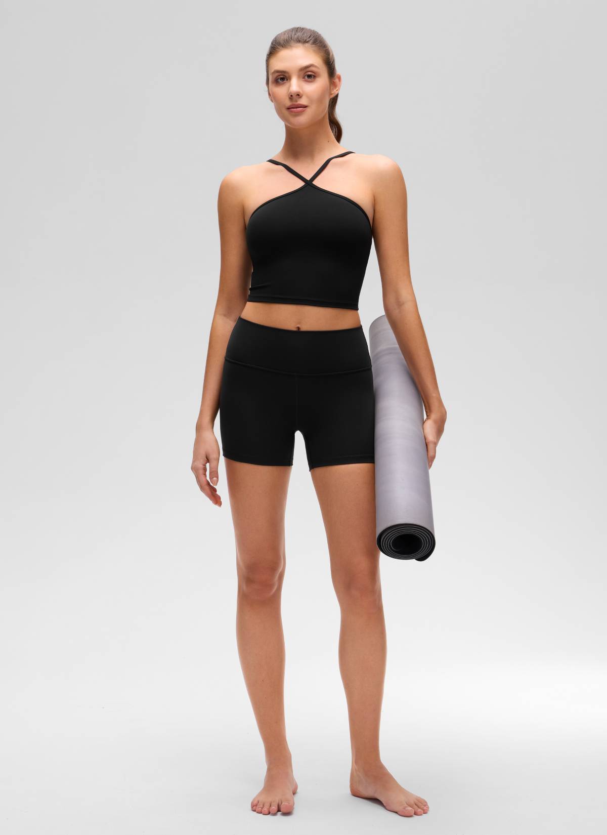 CRZ YOGA Kaos Tank Top Wanita dengan Model Halter, Potongan Pendek, dan Bra Terintegrasi, Motif " Butterluxe ", Warna Hitam