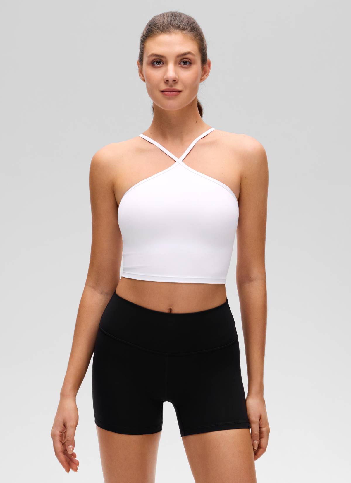 CRZ YOGA Kaos Tank Top Wanita dengan Model Halter Silang, Potongan Pendek, dan Bra Terintegrasi, Motif " Butterluxe ", Warna Putih