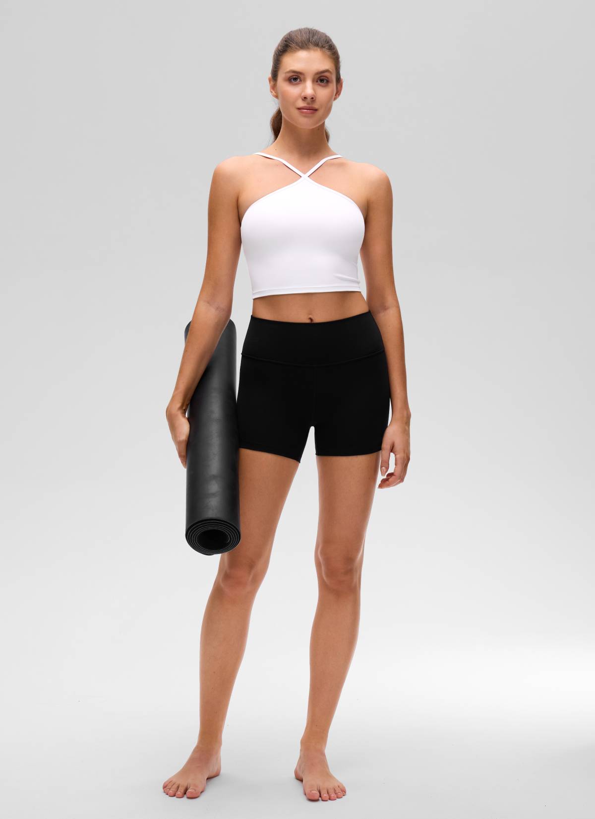 CRZ YOGA Kaos Tank Top Wanita dengan Model Halter Silang, Potongan Pendek, dan Bra Terintegrasi, Motif " Butterluxe ", Warna Putih