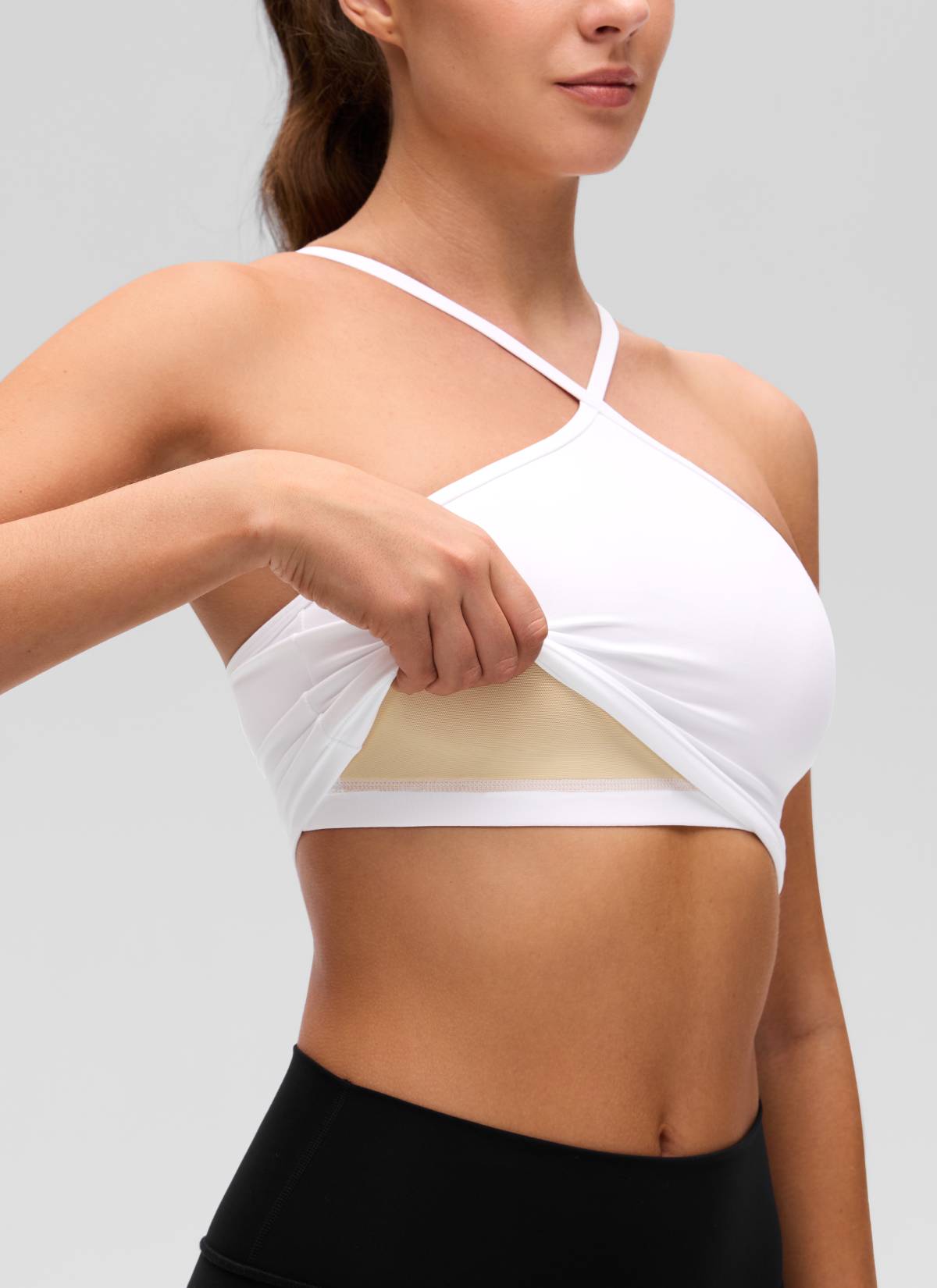 CRZ YOGA Kaos Tank Top Wanita dengan Model Halter Silang, Potongan Pendek, dan Bra Terintegrasi, Motif " Butterluxe ", Warna Putih