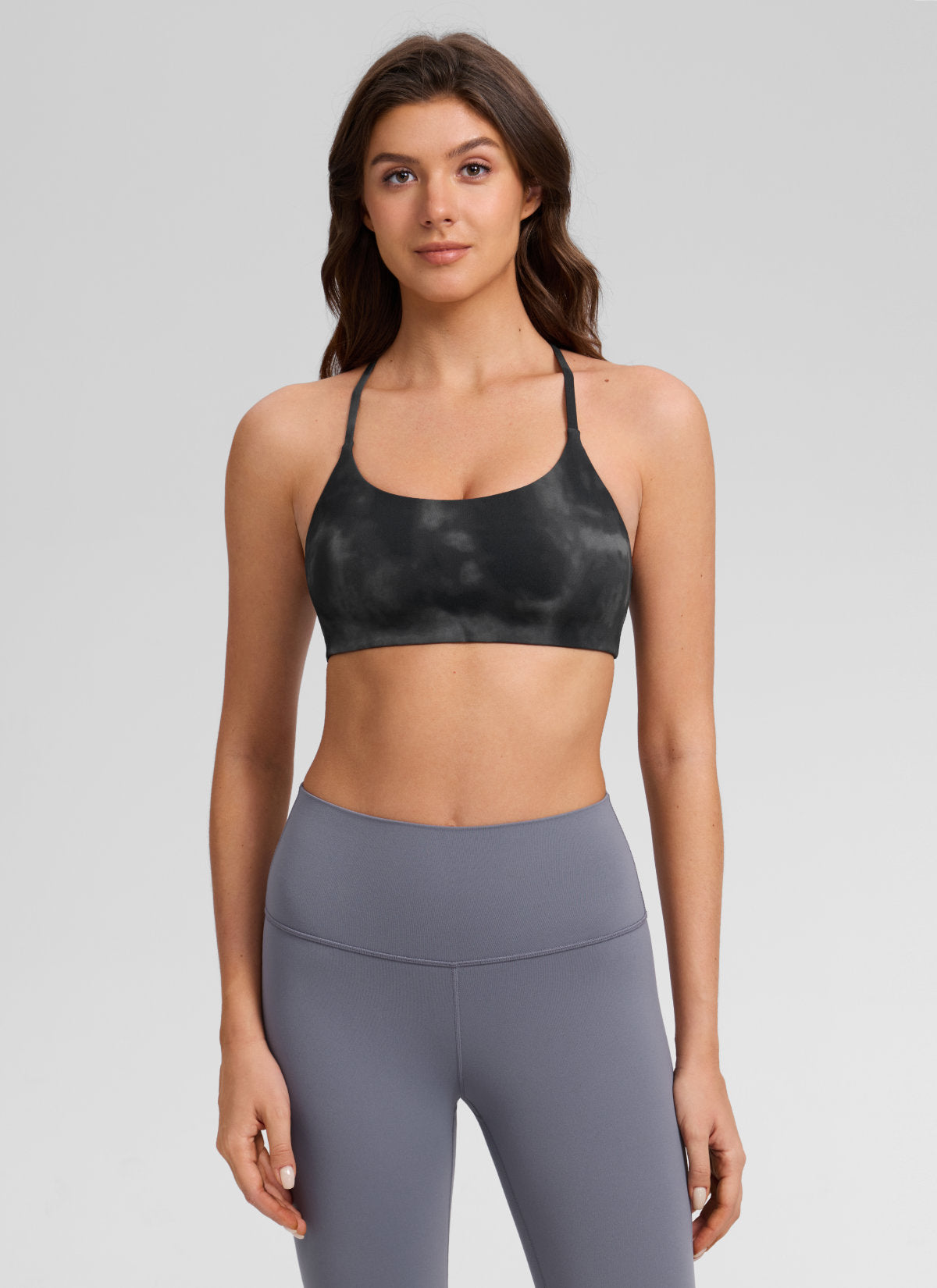 CRZ YOGA Bra Olahraga Wanita Butterlift® dengan Potongan Punggung V dan Lapisan Ganda, Warna Abu-abu dengan Motif Tie-Dye Bunga