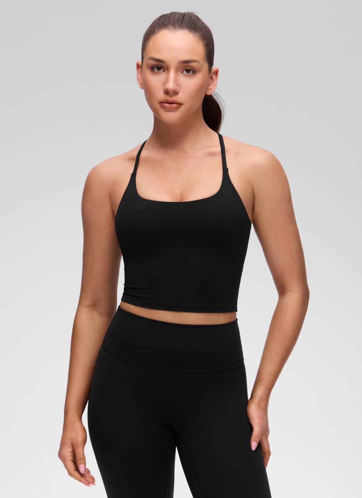 CRZ YOGA Kaos Tanktop Wanita dengan Leher U, Desain Punggung Silang Berputar, dan Bra Terintegrasi, Motif " Butterluxe ", Warna Hitam
