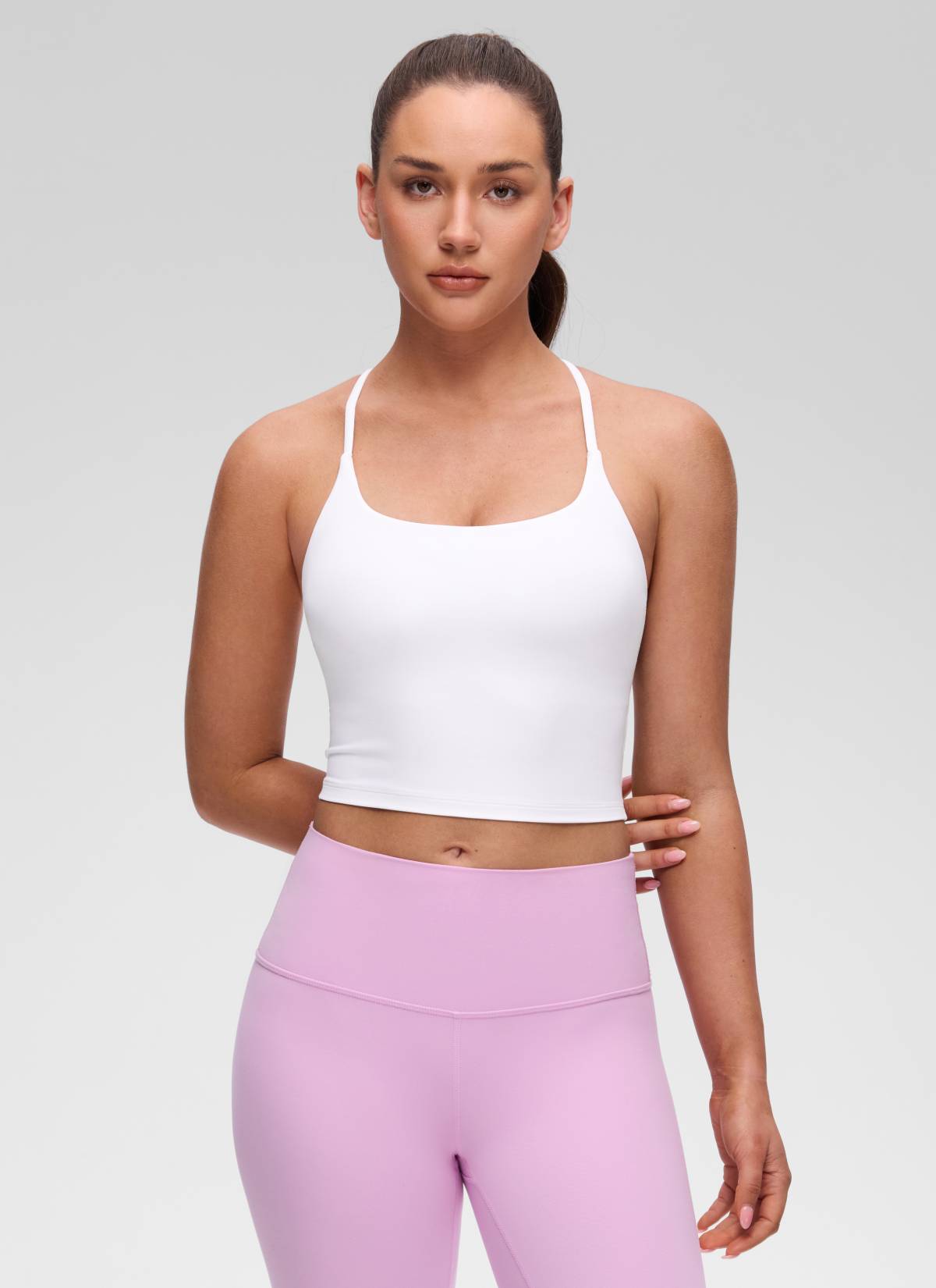 CRZ YOGA Kaos Tanktop Wanita dengan Leher U, Desain Punggung Silang Berputar, dan Bra Terintegrasi, Motif " Butterluxe ", Warna Putih