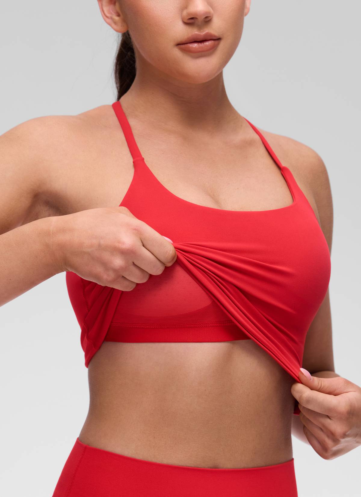 CRZ YOGA Kaos Tanktop Wanita dengan Leher U, Desain Punggung Silang Berputar, dan Bra Terintegrasi " Butterluxe " Warna Aurora Red