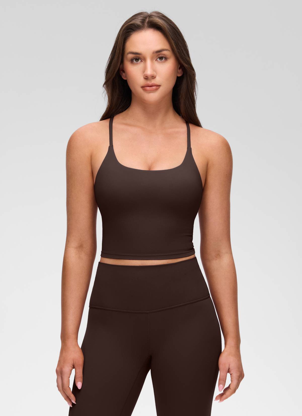 CRZ YOGA Tank Top Wanita dengan Leher U, Desain Punggung Silang Berputar, dan Bra Terintegrasi, Warna Hot Fudge Brown, Model " Butterluxe "