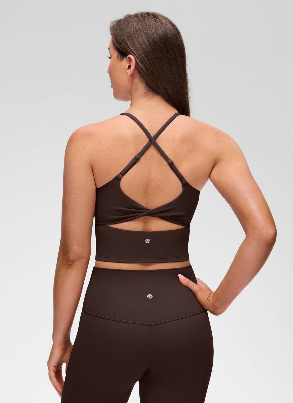 CRZ YOGA Tank Top Wanita dengan Leher U, Desain Punggung Silang Berputar, dan Bra Terintegrasi, Warna Hot Fudge Brown, Model " Butterluxe "