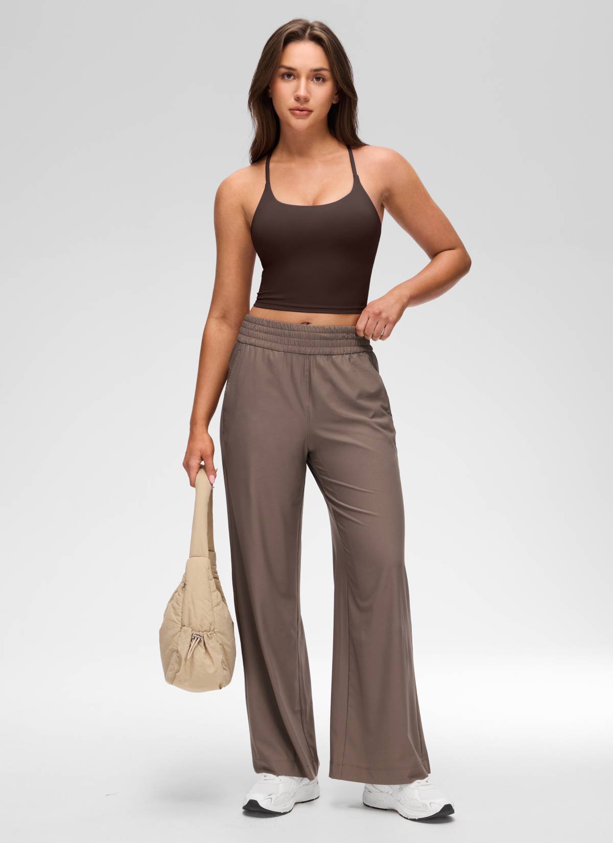 CRZ YOGA Tank Top Wanita dengan Leher U, Desain Punggung Silang Berputar, dan Bra Terintegrasi, Warna Hot Fudge Brown, Model " Butterluxe "