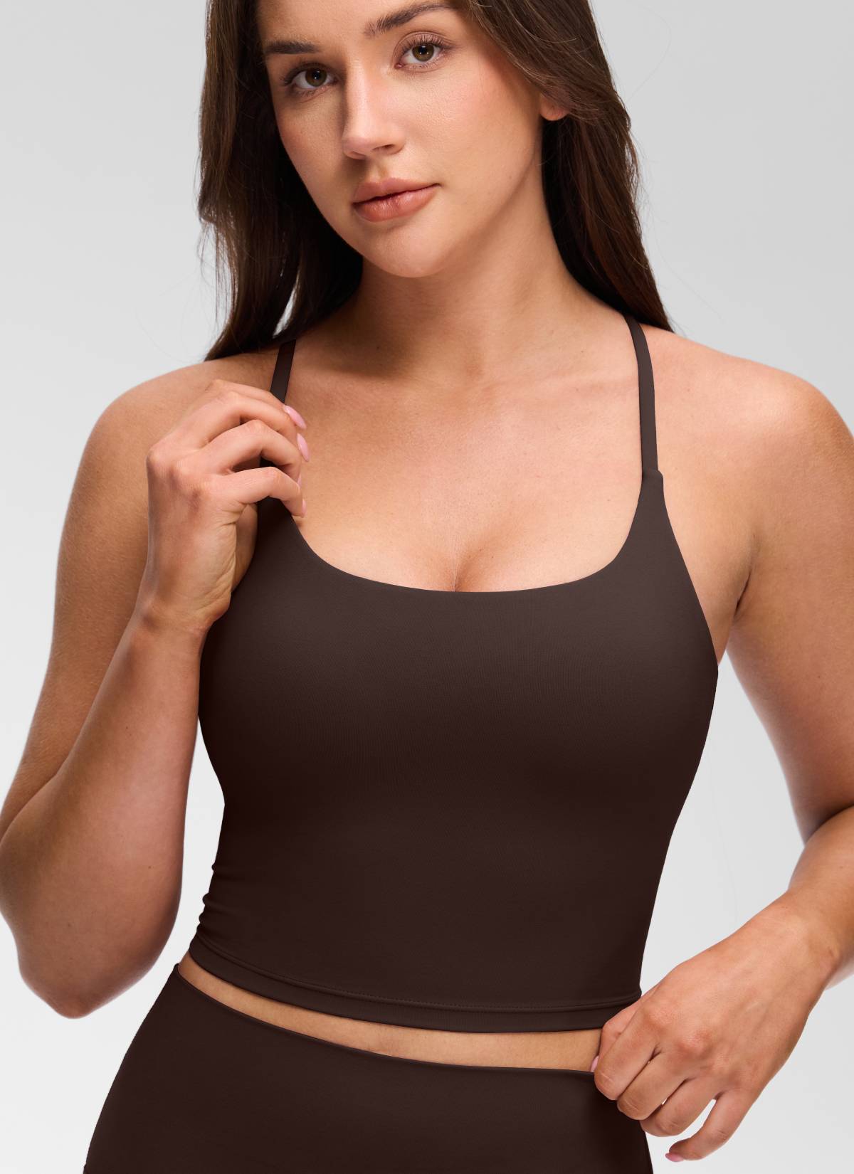 CRZ YOGA Tank Top Wanita dengan Leher U, Desain Punggung Silang Berputar, dan Bra Terintegrasi, Warna Hot Fudge Brown, Model " Butterluxe "