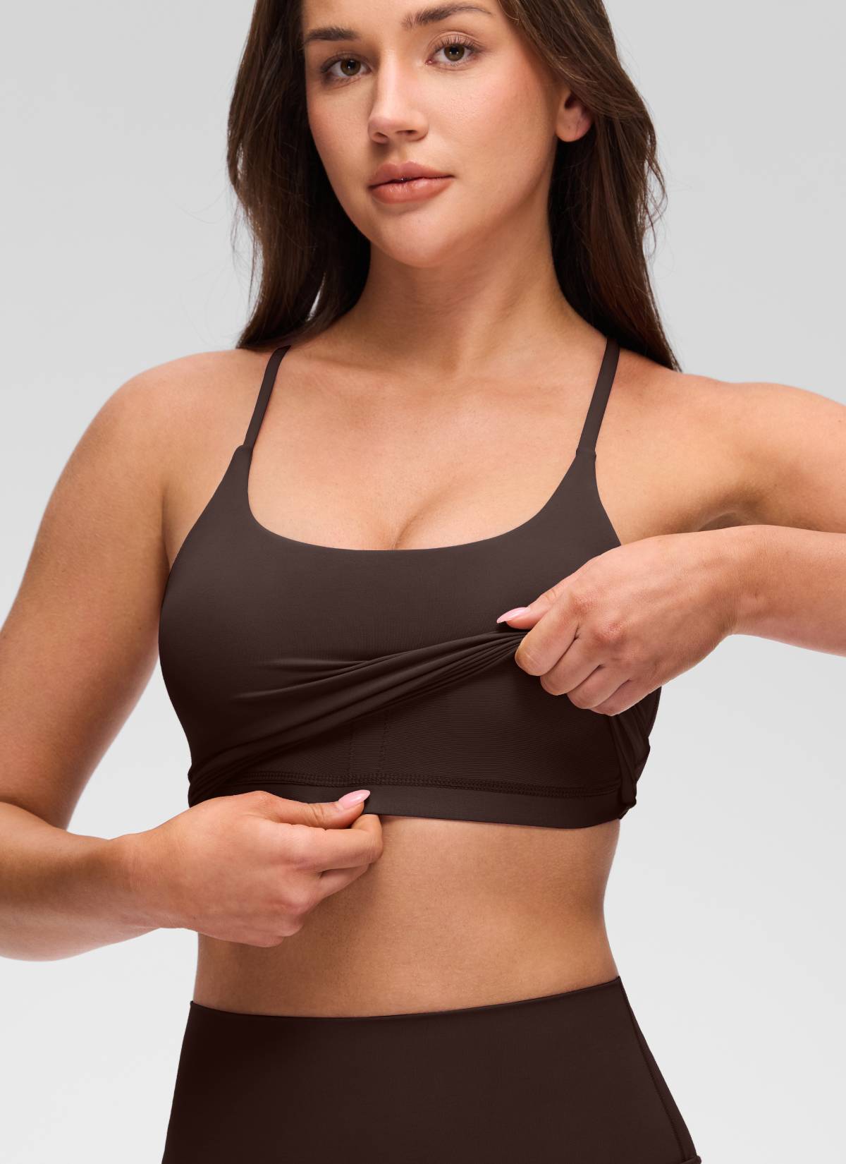 CRZ YOGA Tank Top Wanita dengan Leher U, Desain Punggung Silang Berputar, dan Bra Terintegrasi, Warna Hot Fudge Brown, Model " Butterluxe "