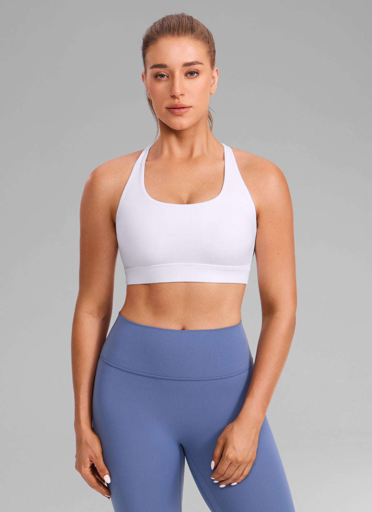 CRZ YOGA Bra Olahraga Wanita Butterlift® untuk Latihan, Leher Bulat, Punggung Silang, Warna Putih