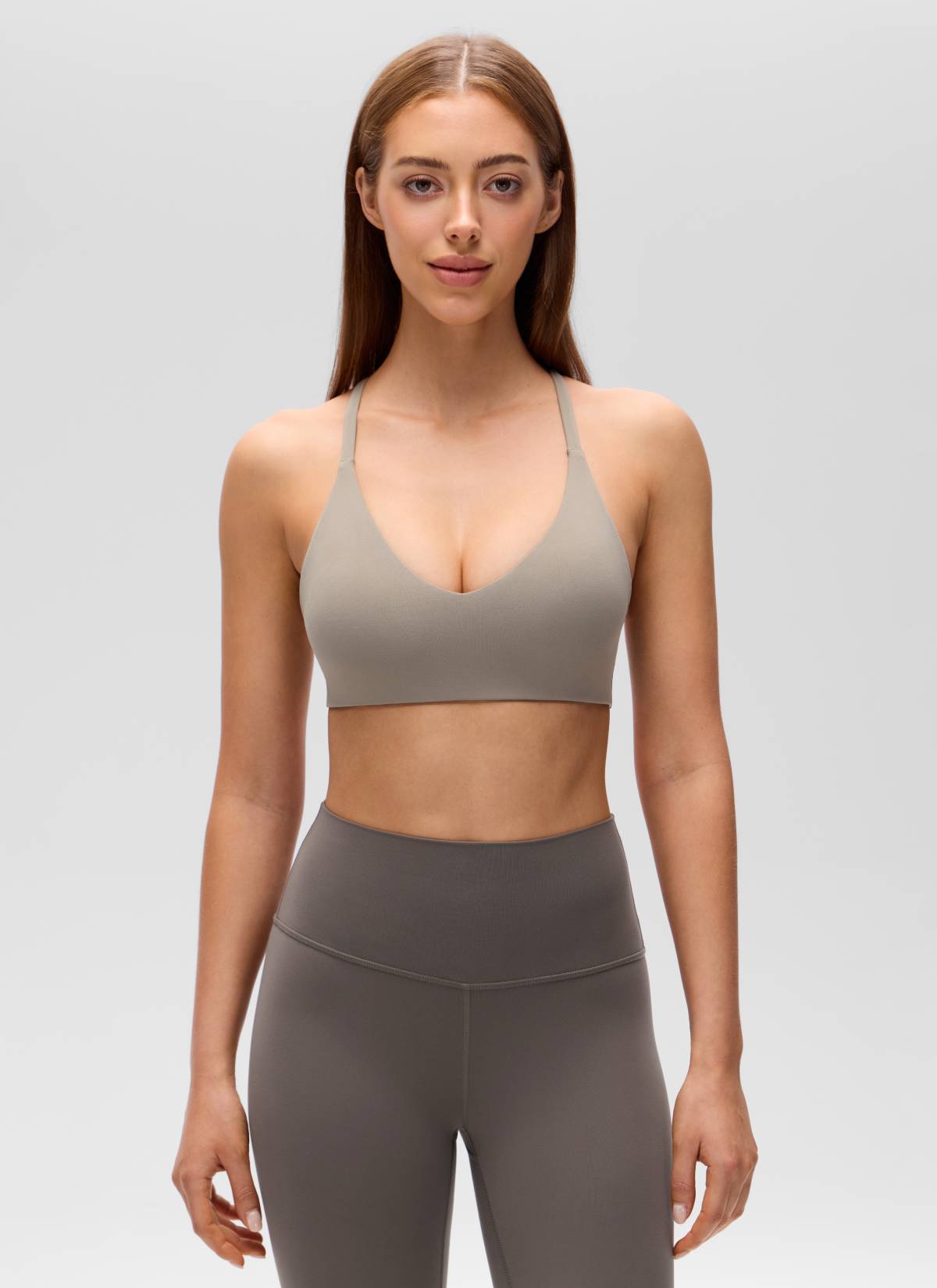 CRZ YOGA Bra Olahraga Butterluxe Wanita Leher V Punggung Racerback Tali Tipis Warna Warm Ash Grey