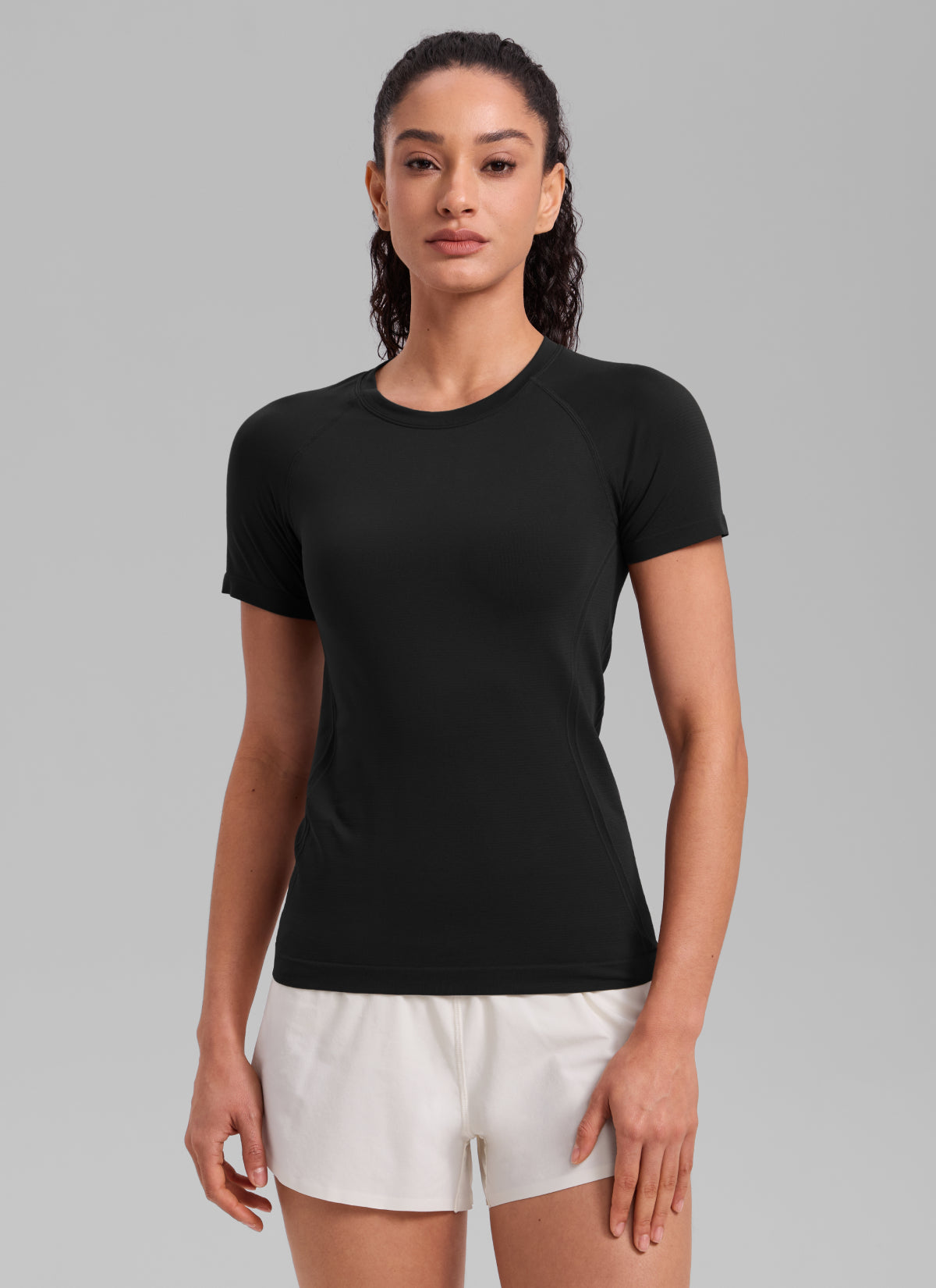 CRZ YOGA Kaos Lari Wanita Model Klasik " Seamless " Lengan Pendek Warna Hitam