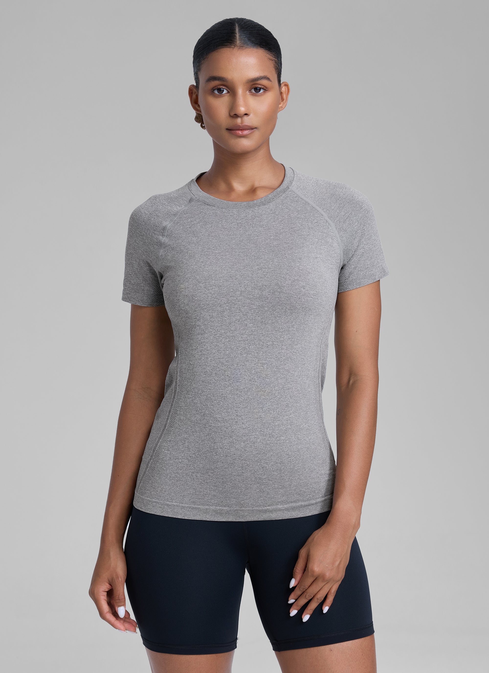 CRZ YOGA Kaos Lari Wanita Model Klasik Seamless Lengan Pendek Warna Abu-abu Bercorak