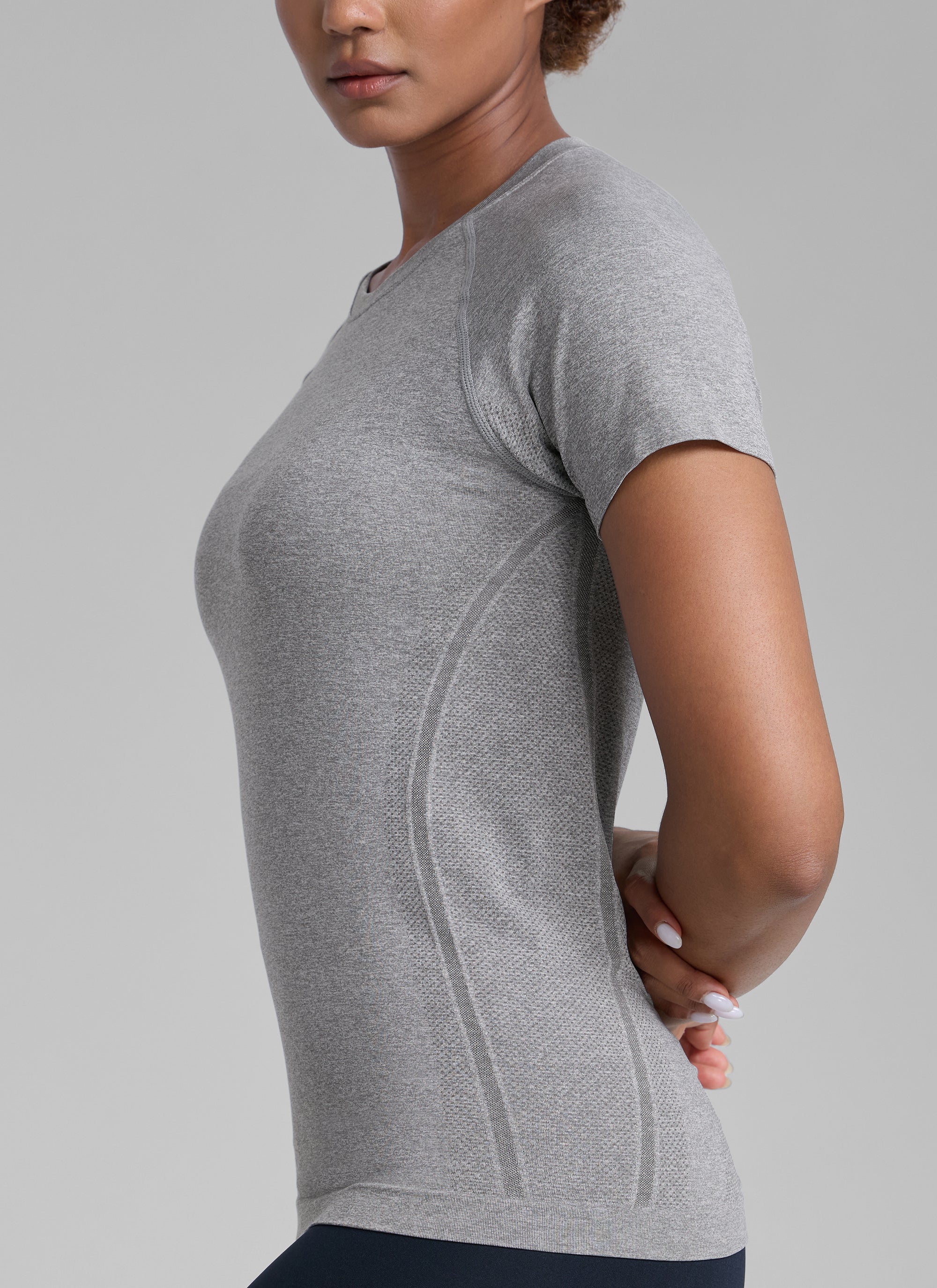 CRZ YOGA Kaos Lari Wanita Model Klasik Seamless Lengan Pendek Warna Abu-abu Bercorak