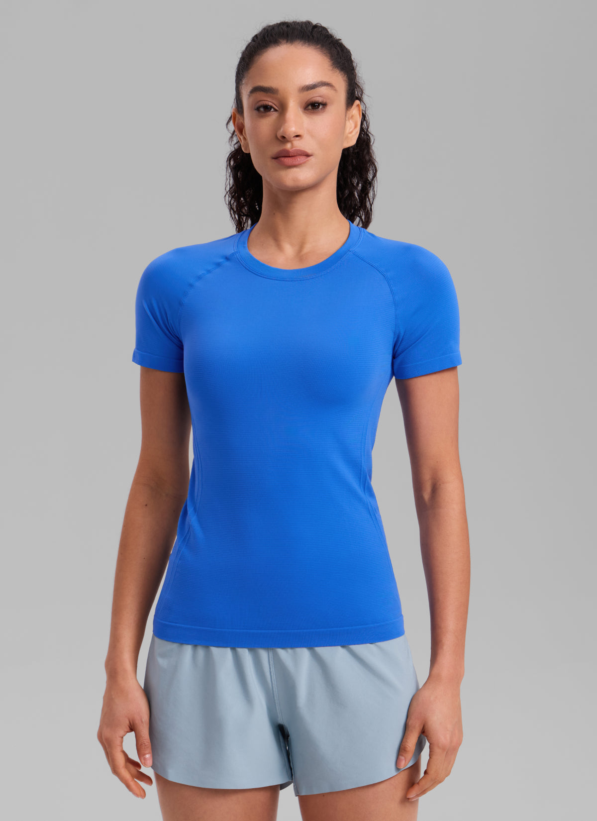 CRZ YOGA Kaos Lari Wanita Model Klasik " Seamless " Lengan Pendek Warna Biru Berkilau
