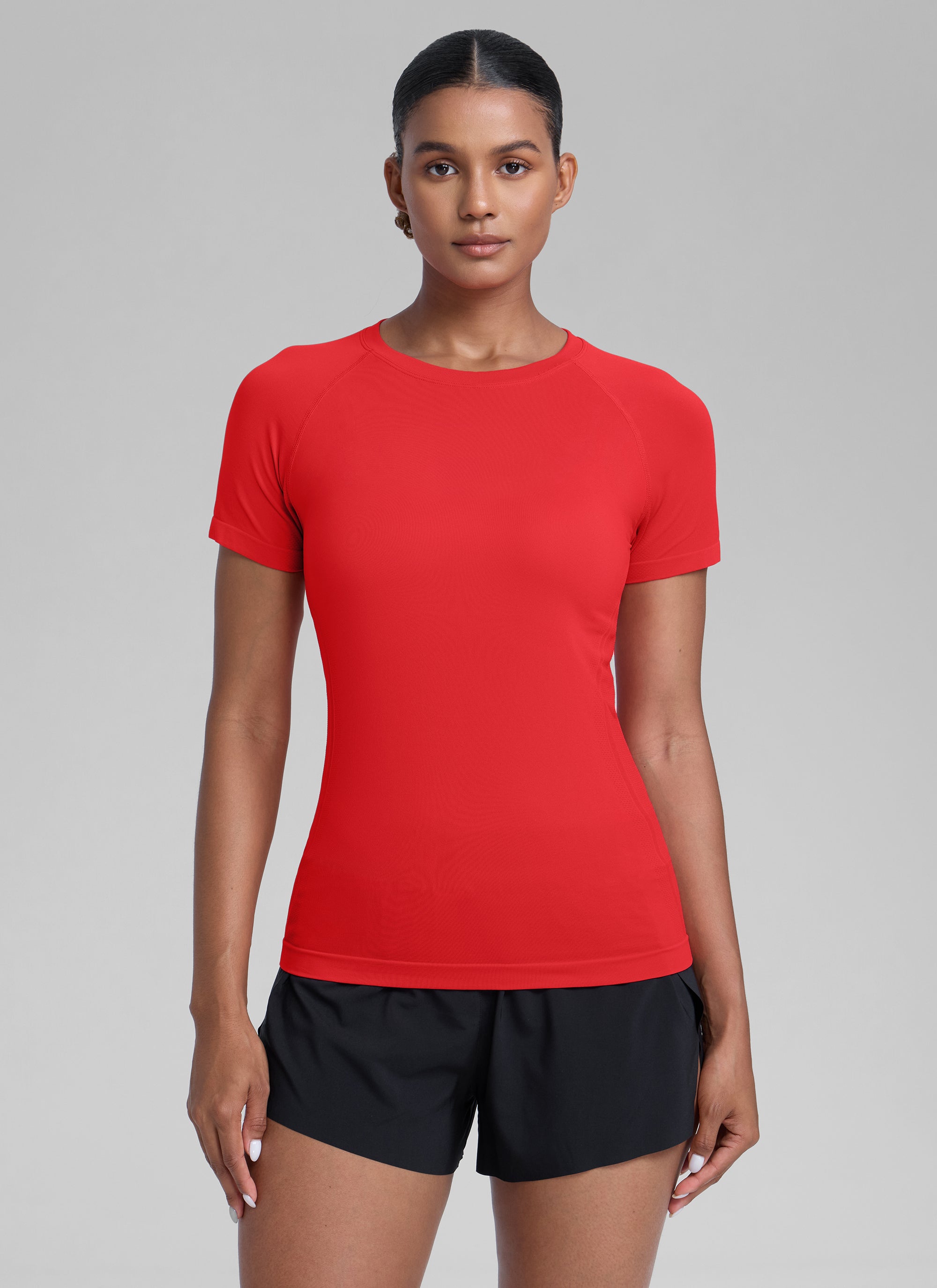 CRZ YOGA Kaos Lari Wanita Model Klasik Seamless , Lengan Pendek, Warna Merah Tua