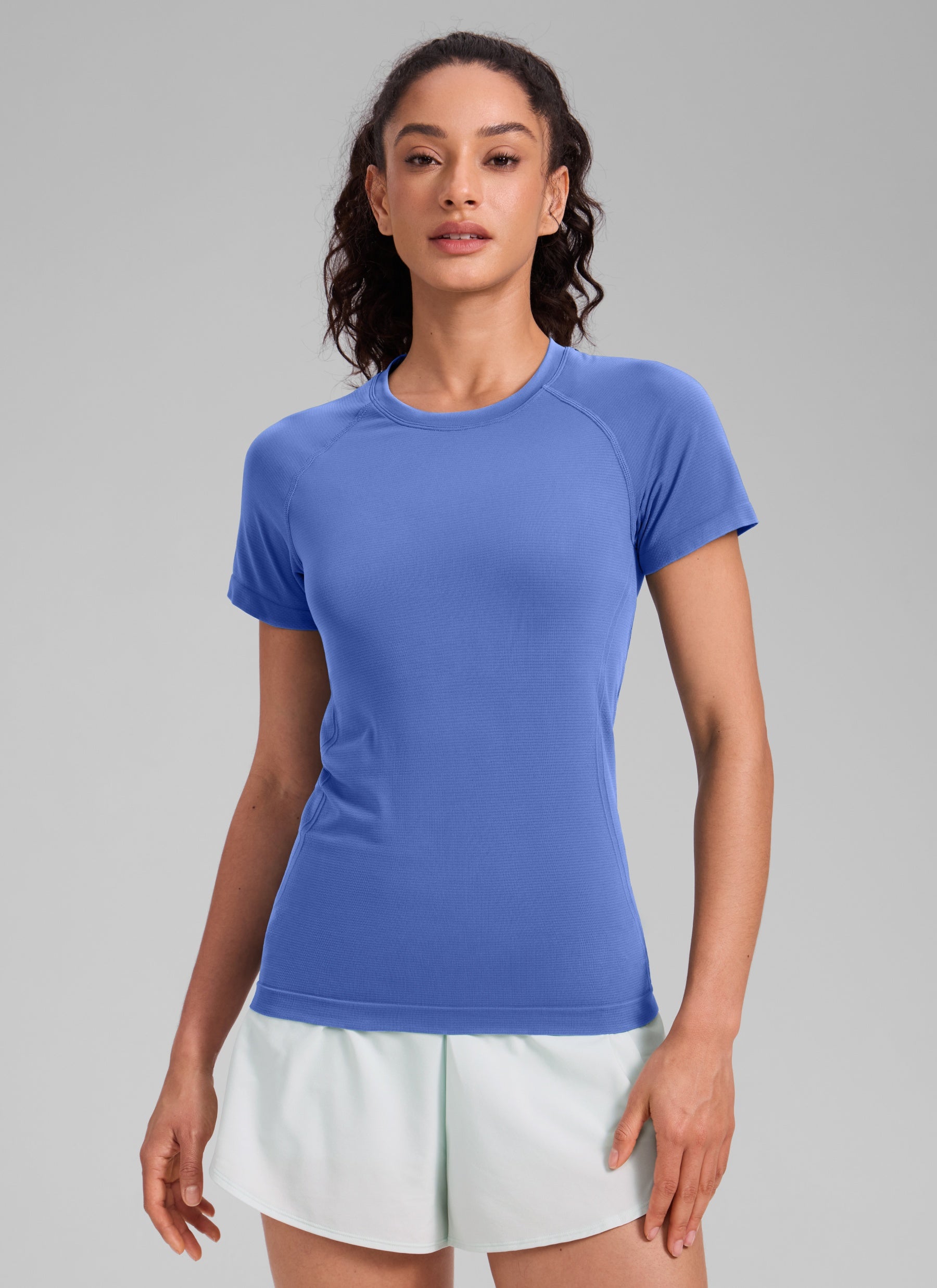 CRZ YOGA Kaos Lari Wanita Model Klasik Seamless , Lengan Pendek, Warna Wild Indigo