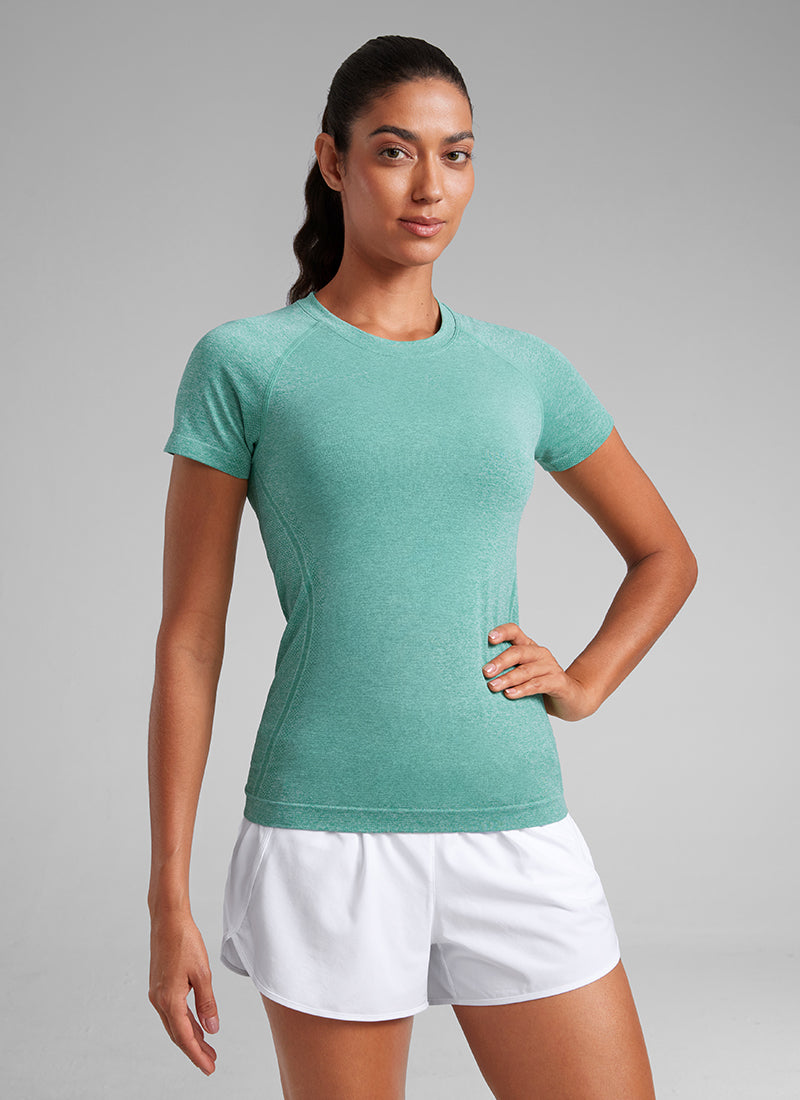 CRZ YOGA Kaos Lari Wanita Model Klasik Seamless , Lengan Pendek, Warna Cascadia Green