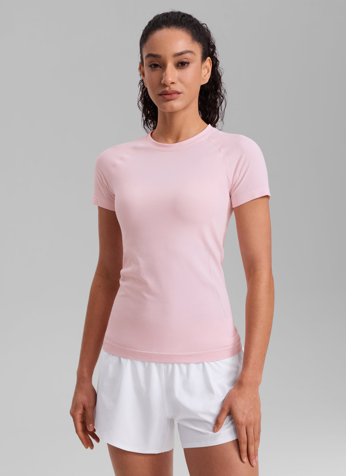 CRZ YOGA Kaos Lari Wanita Model Klasik Seamless , Lengan Pendek, Warna Strawberry Pink