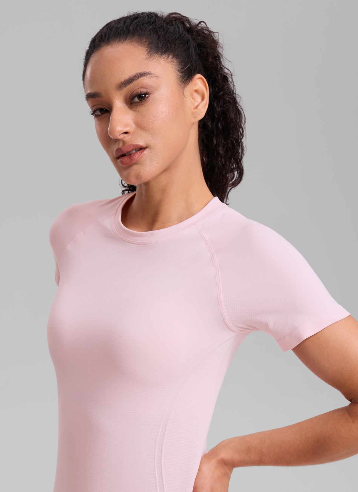 CRZ YOGA Kaos Lari Wanita Model Klasik Seamless , Lengan Pendek, Warna Strawberry Pink