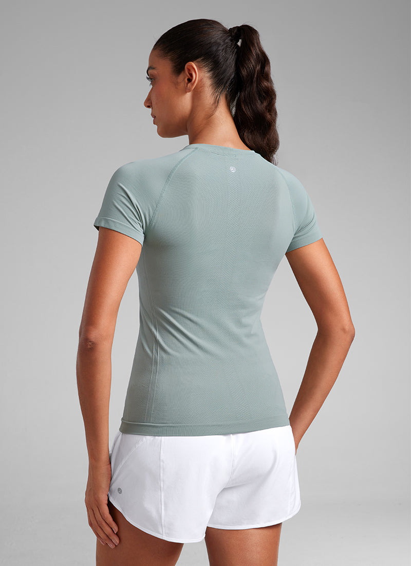 CRZ YOGA Kaos Lari Wanita Model Klasik Seamless , Lengan Pendek, Warna Hijau Palm Court