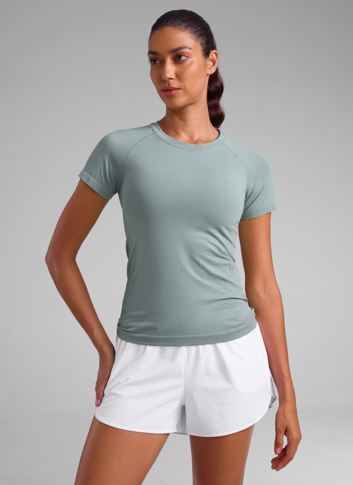 CRZ YOGA Kaos Lari Wanita Model Klasik Seamless , Lengan Pendek, Warna Hijau Palm Court
