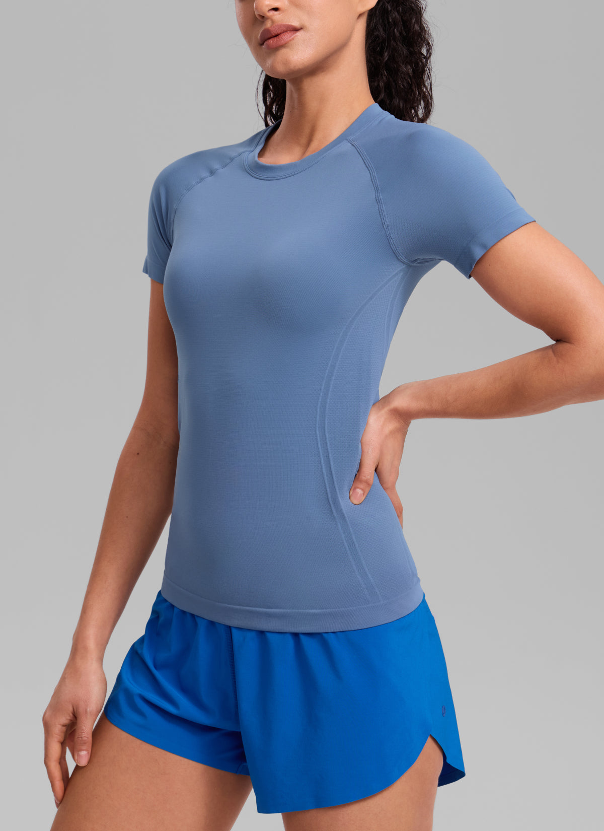 CRZ YOGA Kaos Lari Wanita Model Klasik Seamless , Lengan Pendek, Warna Oasis Blue