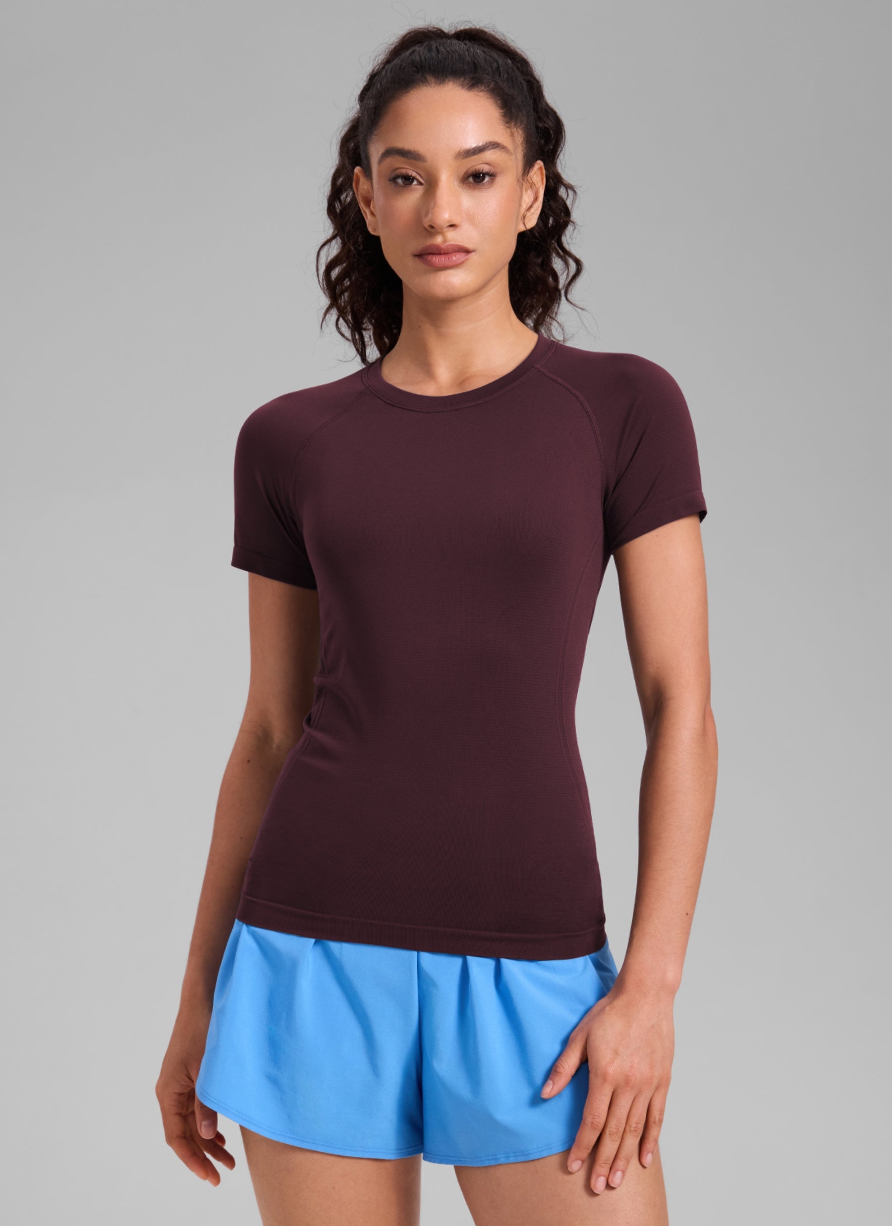 CRZ YOGA Kaos Lari Wanita Model Klasik Seamless , Lengan Pendek, Warna Ripe Plum
